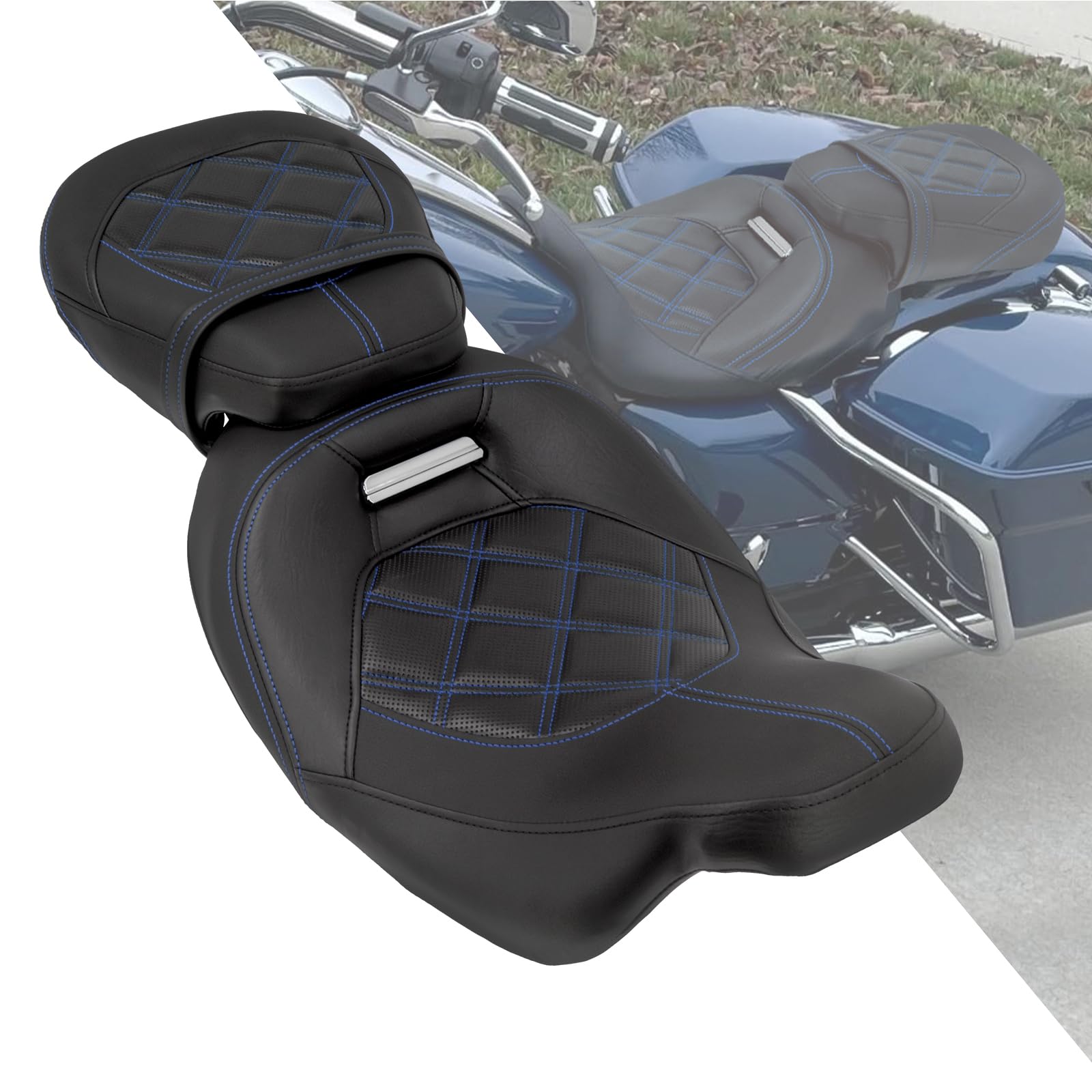 Niskoprofilowy zestaw siodełka pasażera pasuje do Harley Touring Road King FLHR Street Glide FLHX Road Glide FLTRX CVO Street Glide FLHXSE Electra Glide 2009-Później (niebieskie szwy)