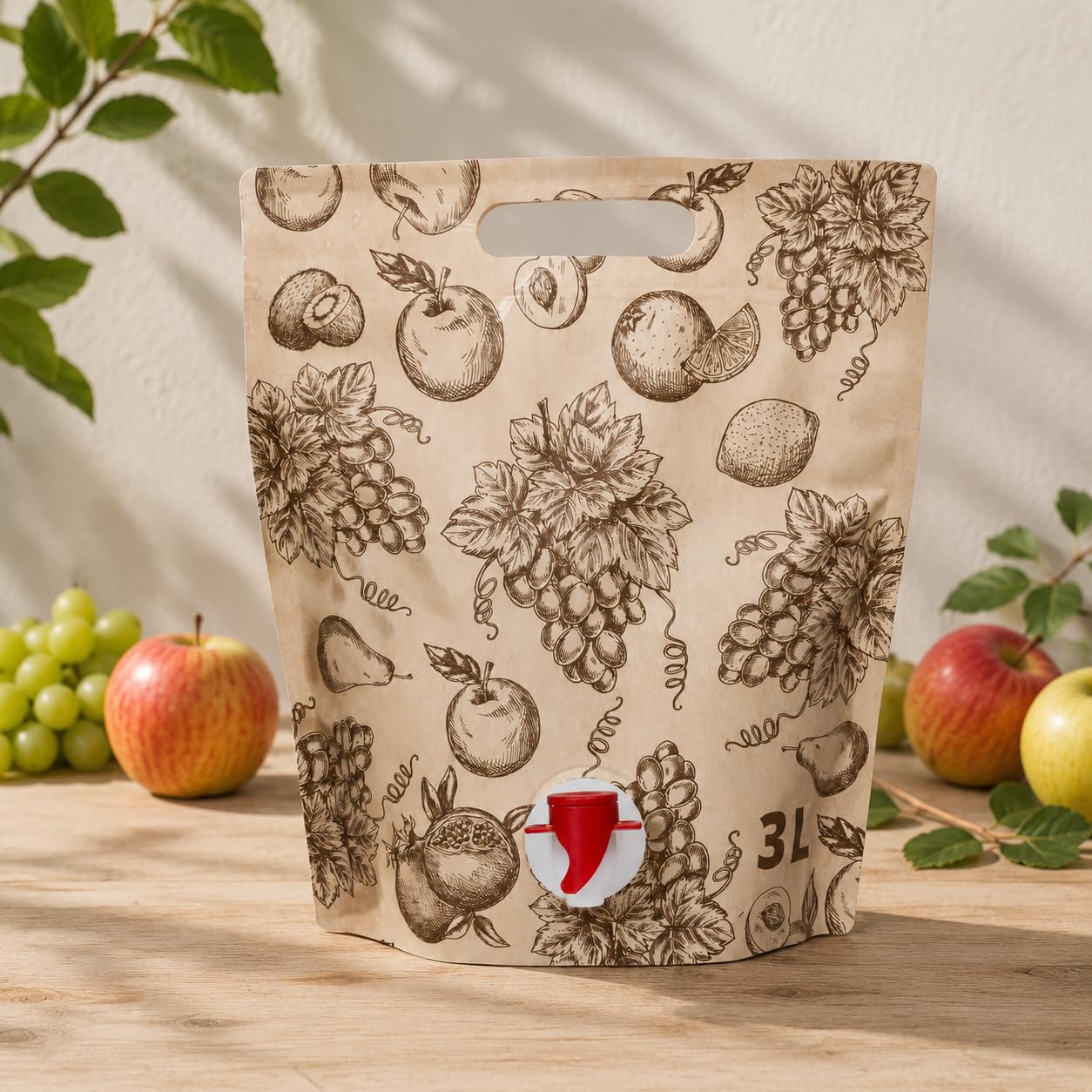 50 STK. Standbeutel mit Fruchtmotiv 3L Bag in Box – Ideal für Saft, Wein, Flüssigkeiten – Auslaufhahn & Tragegriff – BPA-frei – Wiederverwendbarer Getränkebeutel