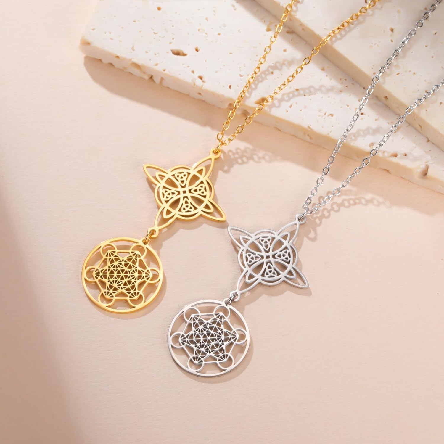 TEAMER Metatron Cube Witch Knot Pendant Necklace Double Amulet Protection Stainless Steel Witchcraft Necklaces Vintage Jewelry For Women - Image 5