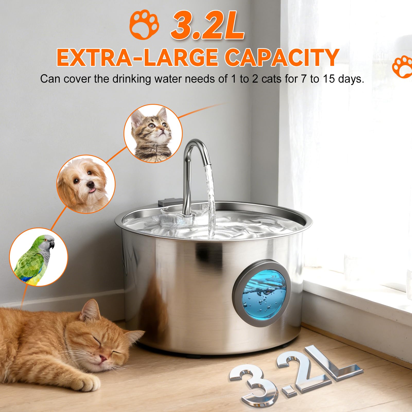 Fuente para gatos de acero inoxidable, automática, ultrasilenciosa
