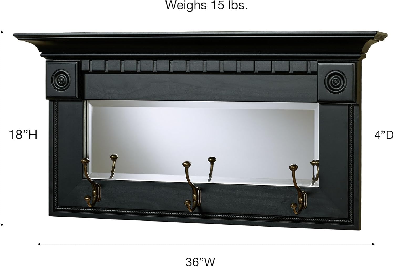 Touch of Class Dentil Pediment Wall Mirror with Coat Hooks - Black - Solid Wood and Glass - Classic Decor for Bedroom, Living Room, Dining Room, Office, Entryway, Foyer - Quality Crafted
