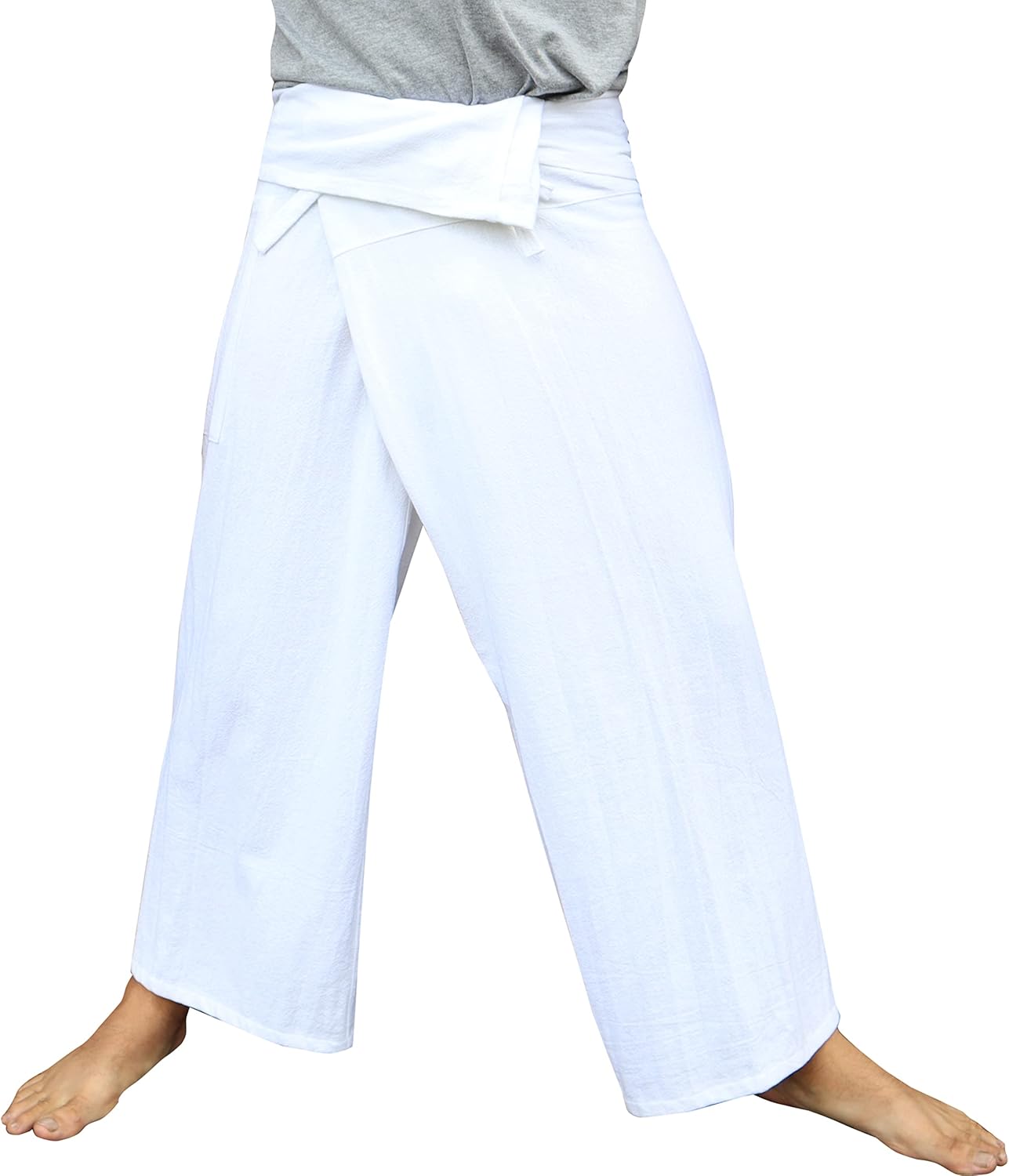 RaanPahMuang Thai Fisherman Pants Men/Women, Loose Yoga, Pirate, Harem Pants, 100% Cotton, Unisex Kimono Pants, 4X-Large, White - Tall (Length 45-46 inch)