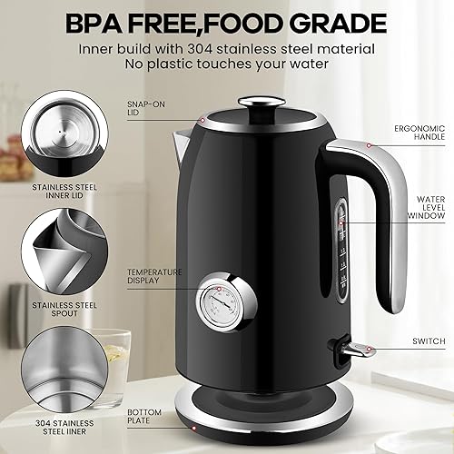 Miniatura 2 de PUKOMC Electric Kettle, 1.7L Stainless Steel Tea Kettle with Temperature Gauge, 1500W Water Boiler with LED Light, BPA-Free, Auto Shut-Off and