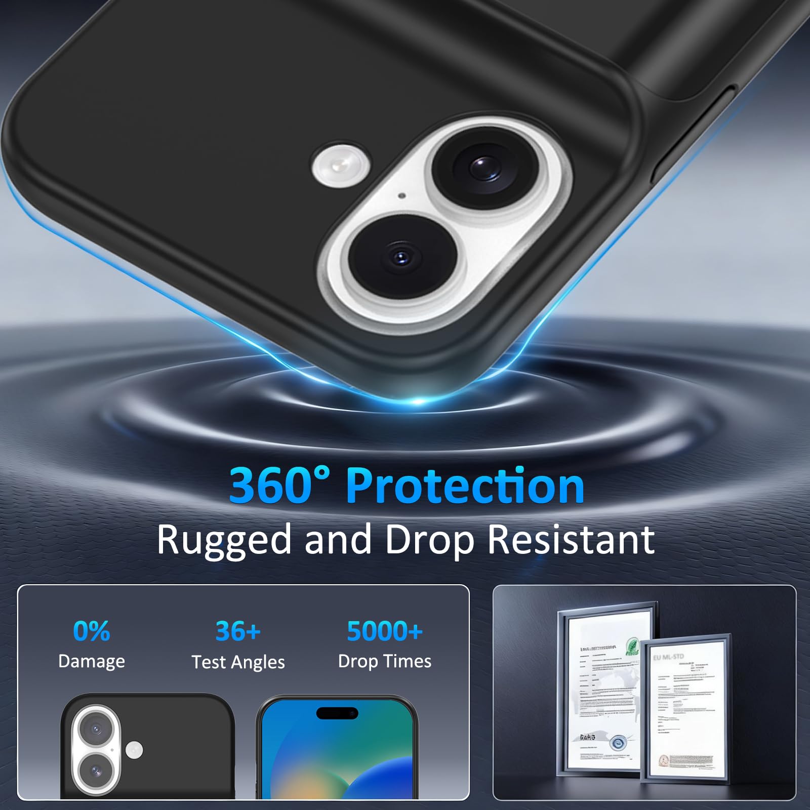 Akkuhülle für iPhone 16(6,1 Zoll), 8500mAh Tragbares Ladegerät iPhone Ultradünn Erweiterter Akku Hülle Telefonladegerät und Schutzhülle mit Ladefunktion für iPhone 16- Schwarz
