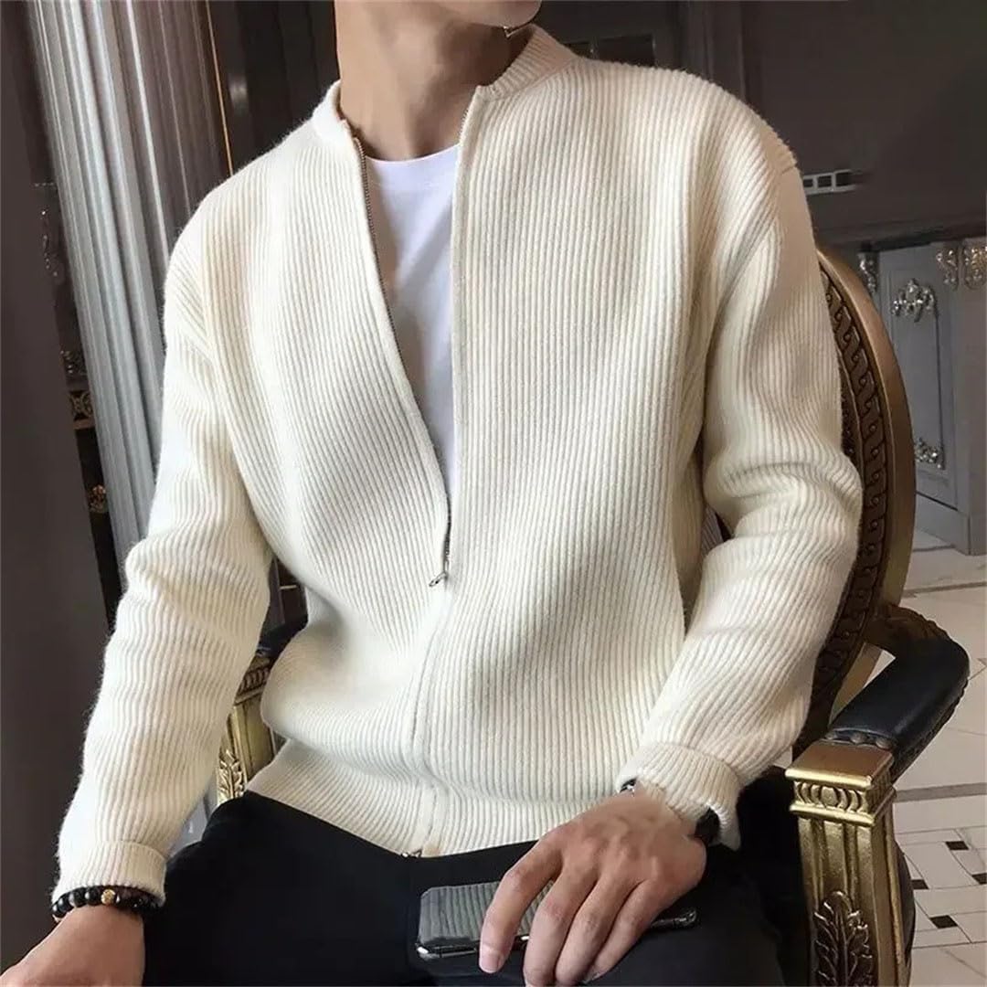Men's Cardigan Zipper Slim Fit Knit Sweater Collared Solid Color Zip Up Plain Large Size Casual