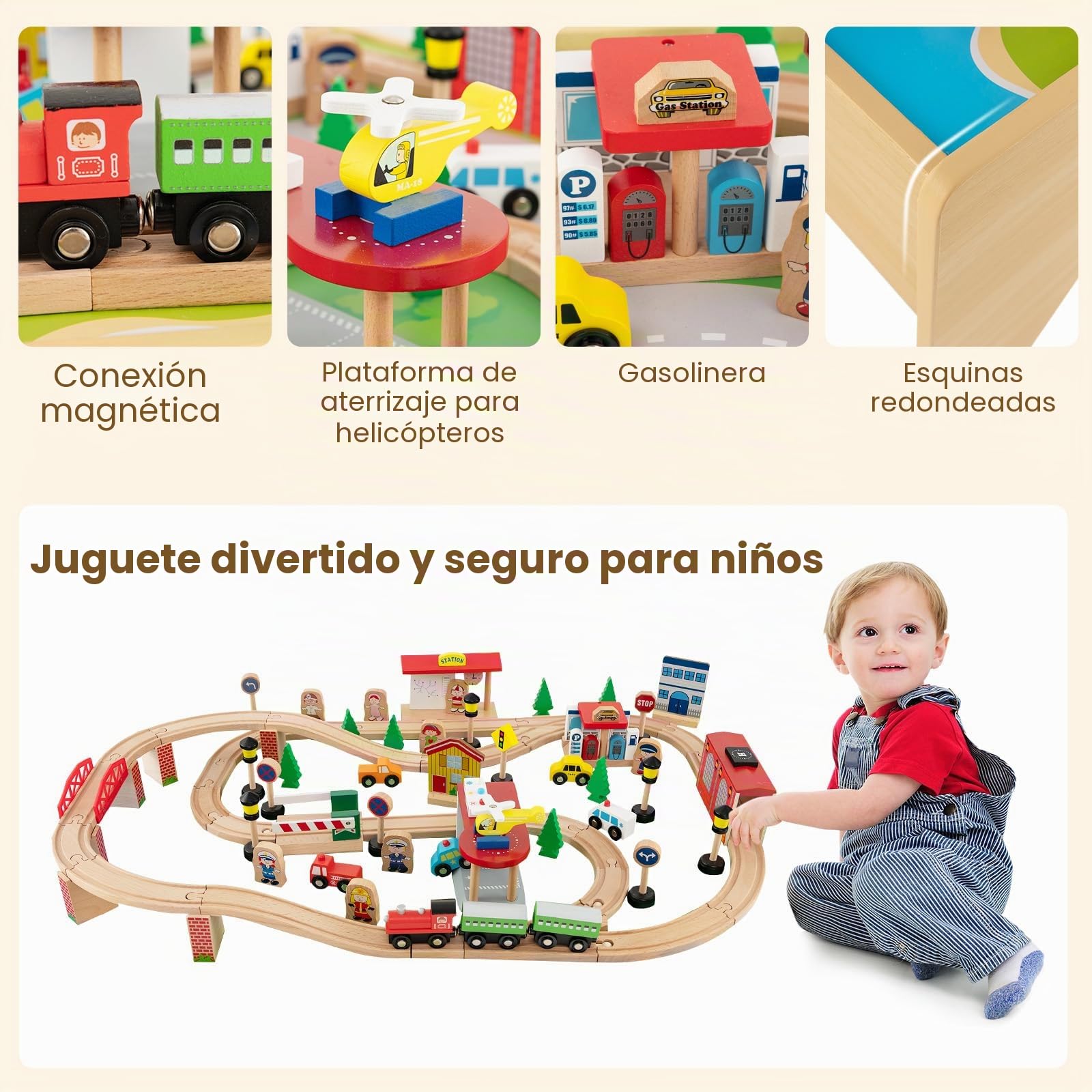 FANTASK Mesa de Juego de 84 Piezas de Madera, Juego de ferrocarril Infantil con Tablero y cajón Reversibles y extraíbles, Mesa de Actividades para Jugar, Pintar, Leer, Comer, Juguetes para niños a