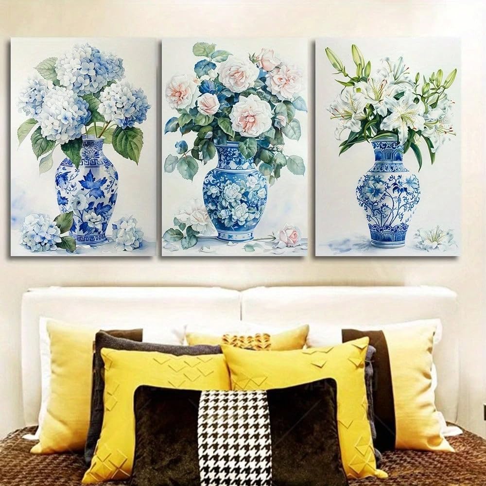 Cuadro decorativo de 3 piezas con jarrón de porcelana azul y blanca, ideal para la decoración de habitaciones (50x70cm x 3/Sin marco).