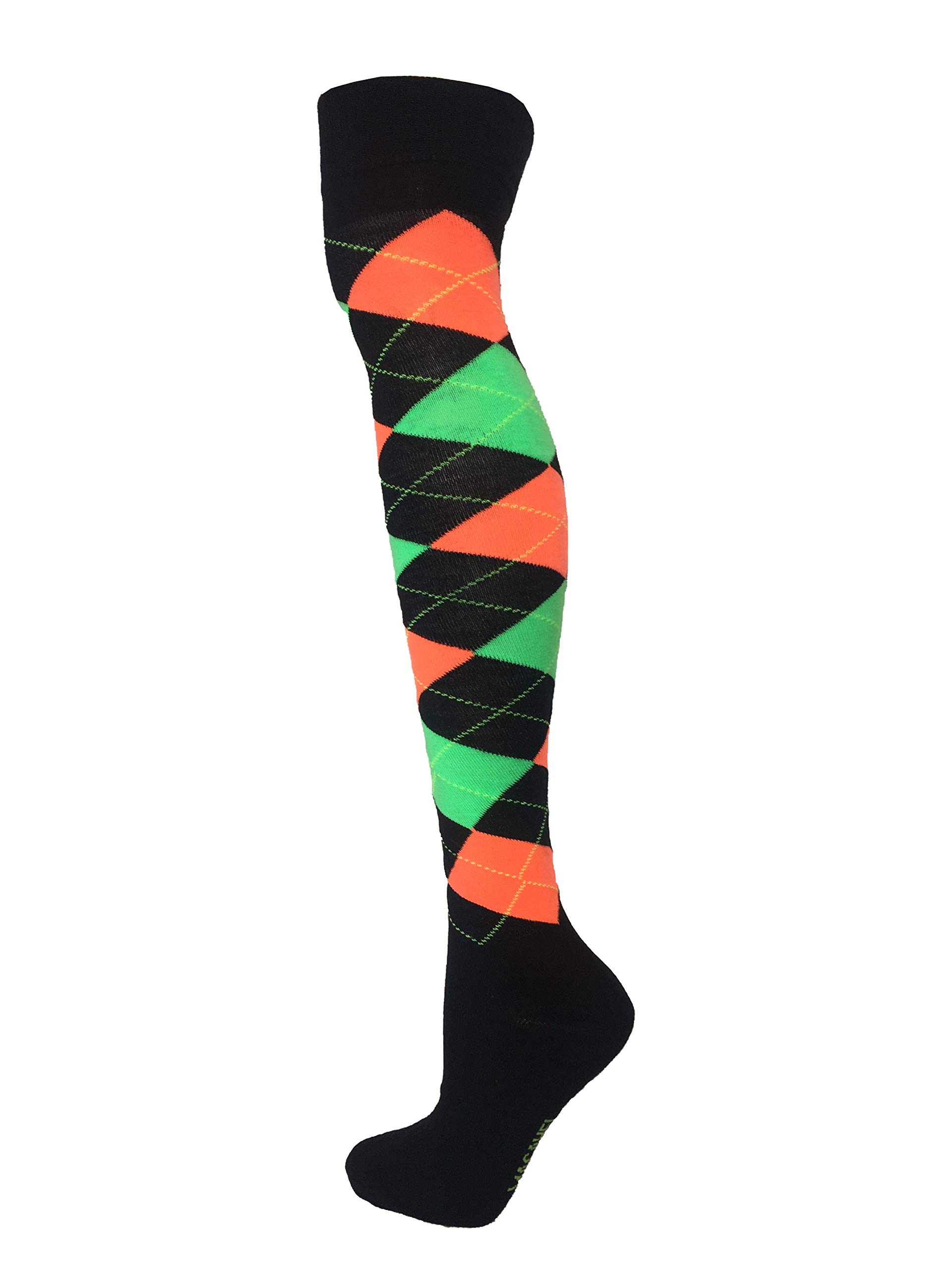 Cotton Rich Over The Knee Argyle Diamond Design Socks (Neon Green Orange on Black)