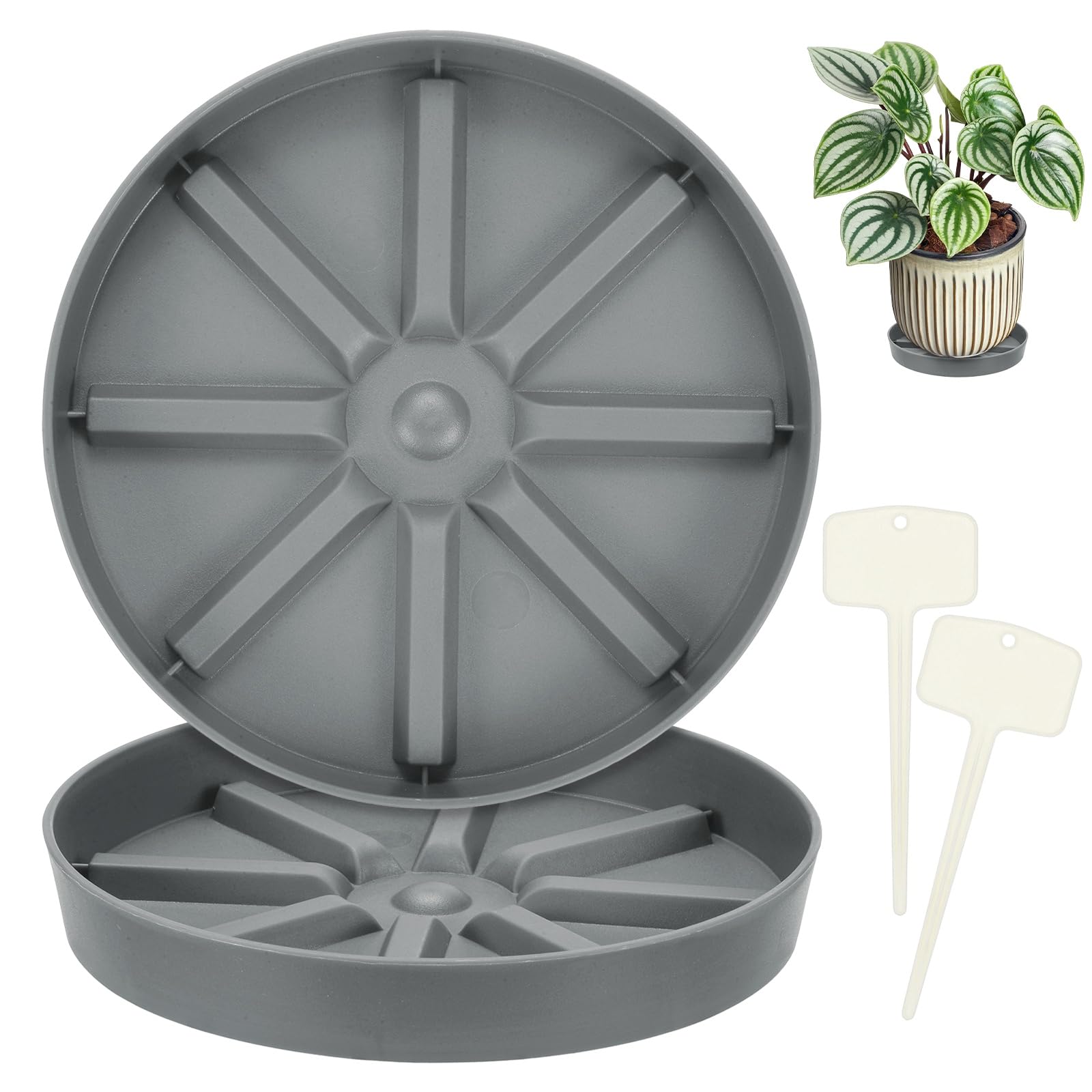 M METERXITY 2-Pack Plant Saucer, 5.51 Inch/14 cm Plastic Plant Trays Thicker for Pots/Indoor/Outdoor/Water Drainage and Protection, Flowerpot Drip Tray [Gray]