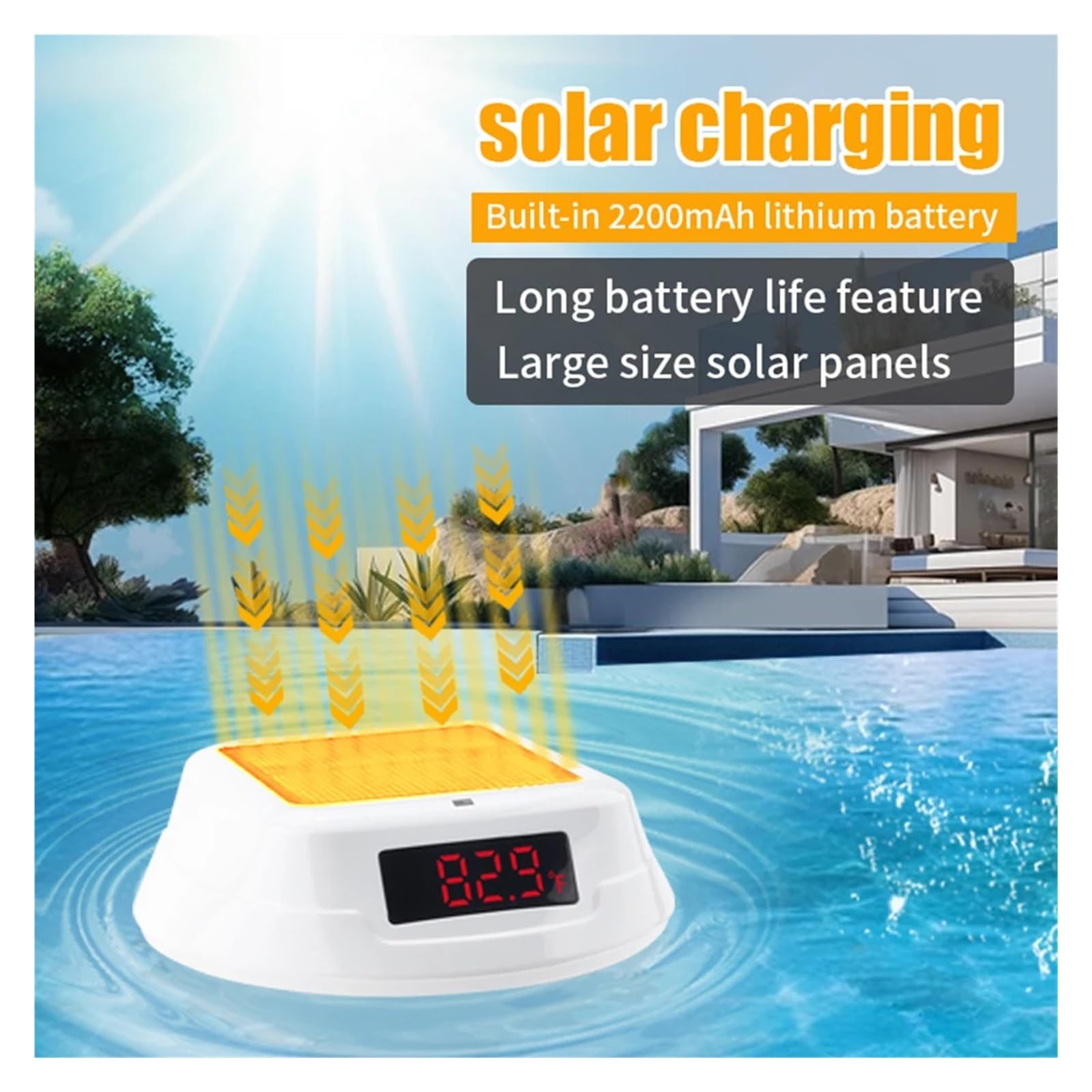 Termometro Digitale Solare Wireless for Piscina, misuratore di Temperatura for Il Nuoto con luci RGB dinamiche, Timer e Schermo LED.(White)