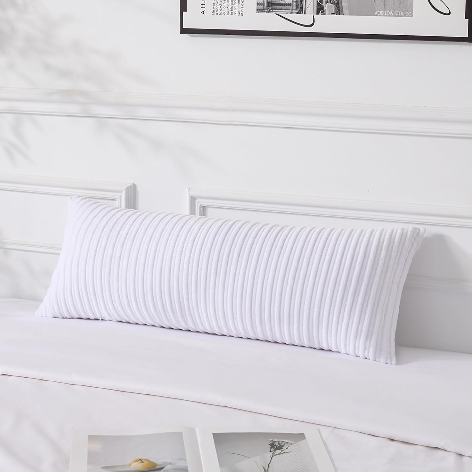 UGASA 14x36 Inch Pillow Cover Pack of 1 Soft Boho Stripe Corduroy Large Long Rectangular Lumbar Cushion Cover Farmhouse Decorative Throw Pillowcase for Bed Couch Sofa Bedroom Living Room, Pure White 36" x 14" (Pack of 1) Pure White