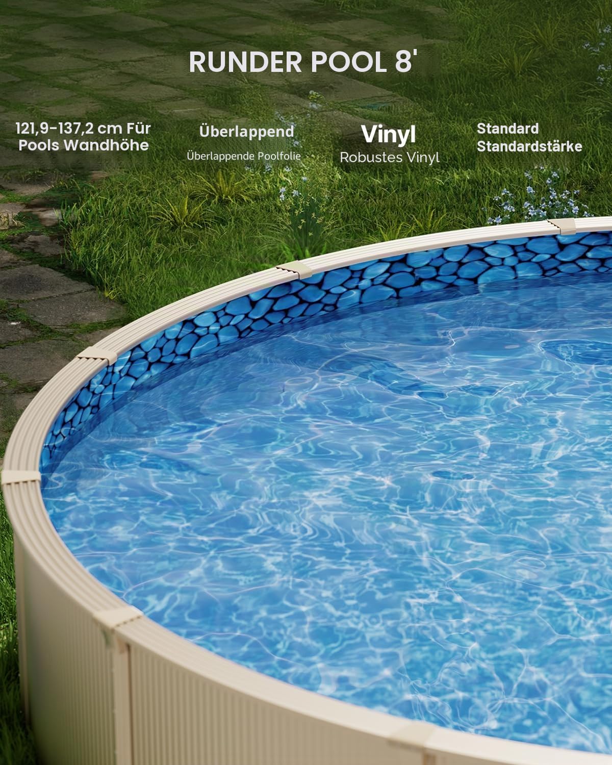 VEVOR Runde Poolfolie, φ244x147 cm, Innenfolie, Ersatzfolie, Innenhülle, Schwimmbadfolie, Folie aus Vinyl im Überlappungsstil mit Standardstärke, verschleißfest, für Aufstellpools mit 137 cm Wandhöhe