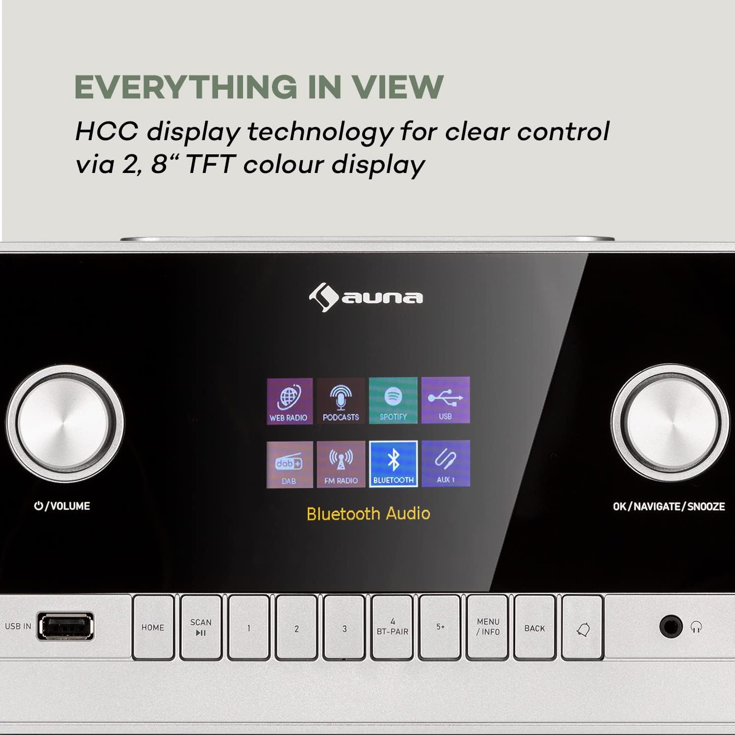 Close-up of the auna Connect 150 MKII display showing various input options