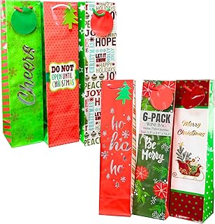Iconikal 6-Pack Christmas Wine Bottle Gift Bags, Heavy-Duty with Ribbon Handles, Assorted Holiday Designs - Ideal for Festive Xmas Gifting, Parties & Bulk Wrapping