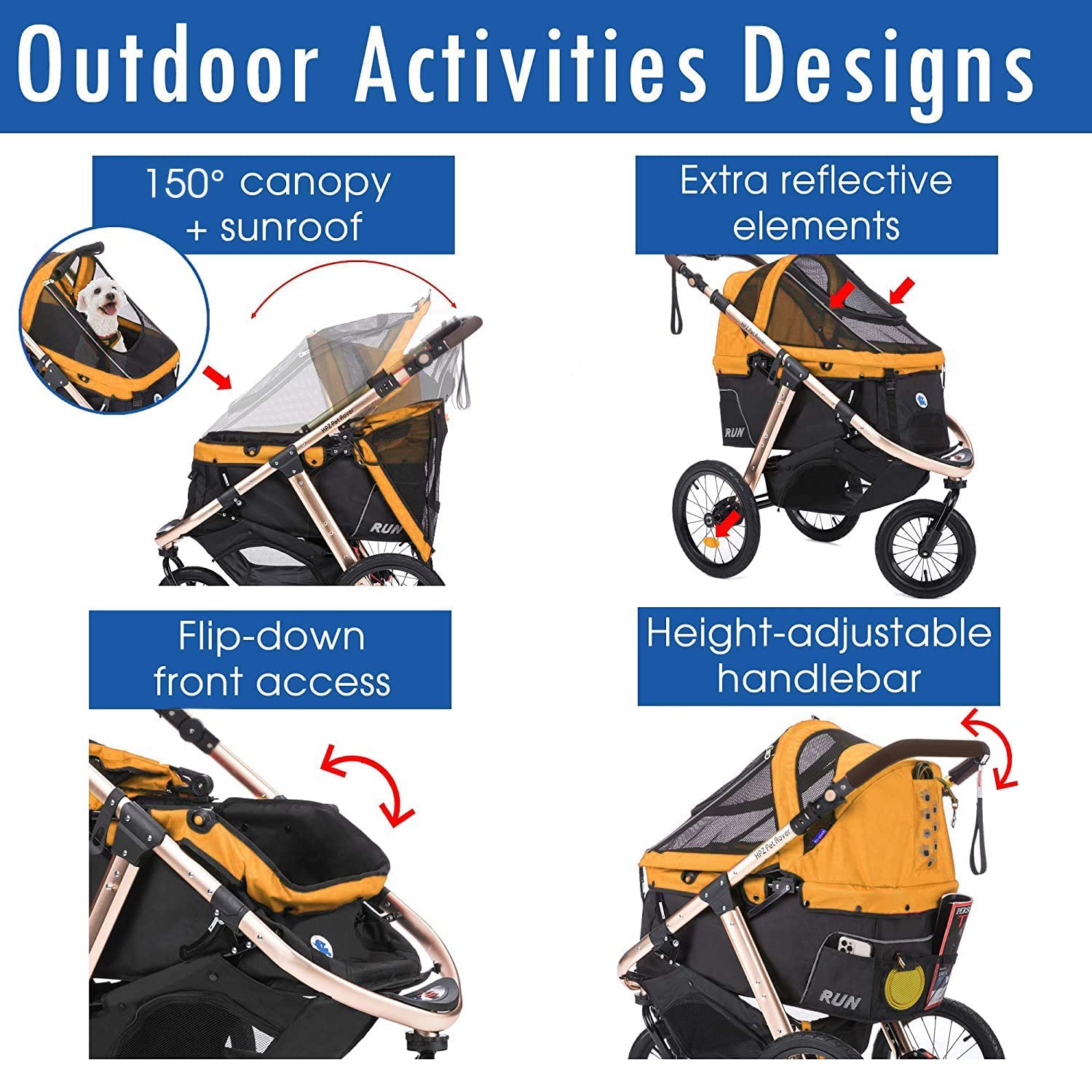 HPZ Pet Rover Run Performance Jogging Sports Stroller with Comfort Rubber Wheels/Zipper-Less Entry/1-Hand Quick Fold/Aluminum Frame for Small/Medium Dogs, Cats and Pets (Speed Yellow)