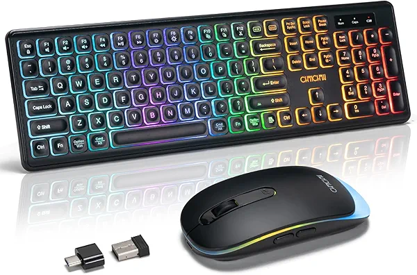 Wireless Keyboard and Mouse Combo, Rechargeable Rainbow LED Light Up Wireless Keyboard and Mouse 2.4GHz Quiet Mouse and Keyboard for Mac, Windows, Laptop, PC Xbox PS4 PS5 (Office/Gaming)