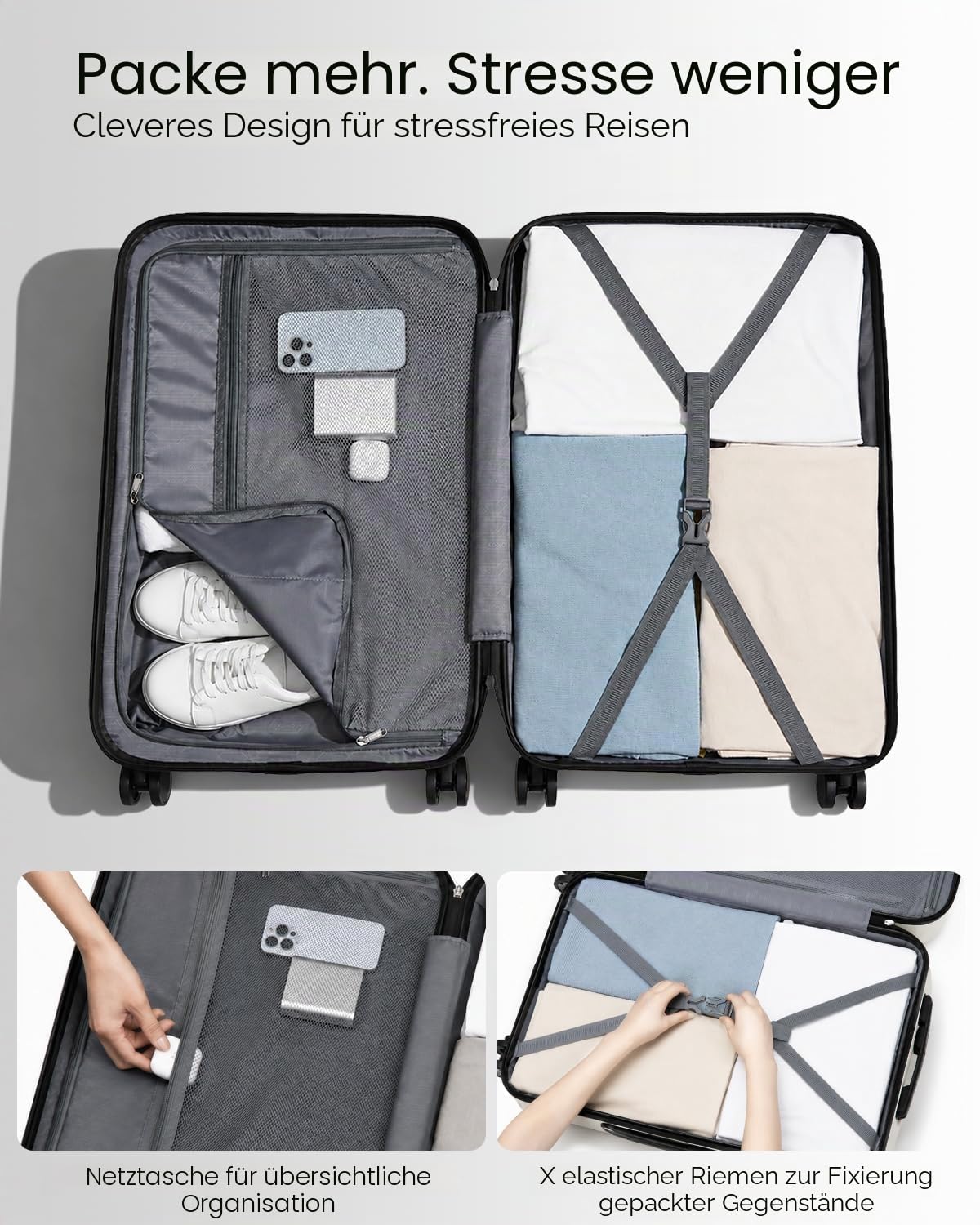 KONO Reisekoffer Leicht ABS Hartschale Trolley 65x42x26cm Koffer Beige | 65 L, 3.15 kg Leichtgewicht, 360° Doppelrollen, Teleskopgriff, Integriertes Zahlenschloss, Robustes ABS mit Eckenschutz