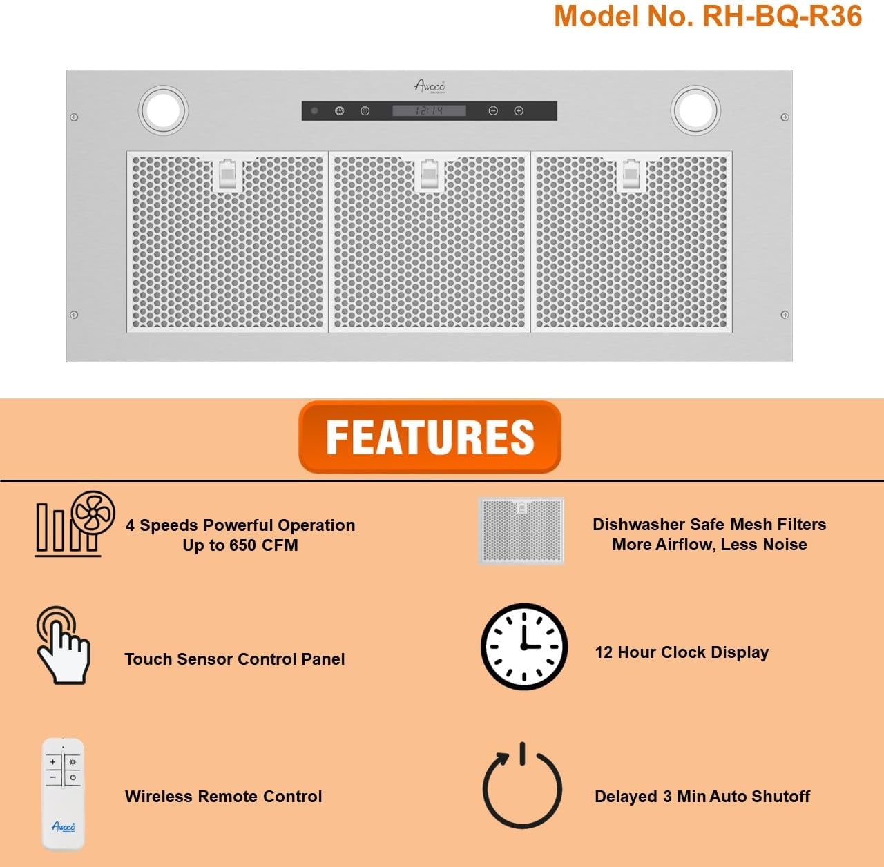 Awoco 36'' Stainless Steel Insert Range Hood with Mesh Filters