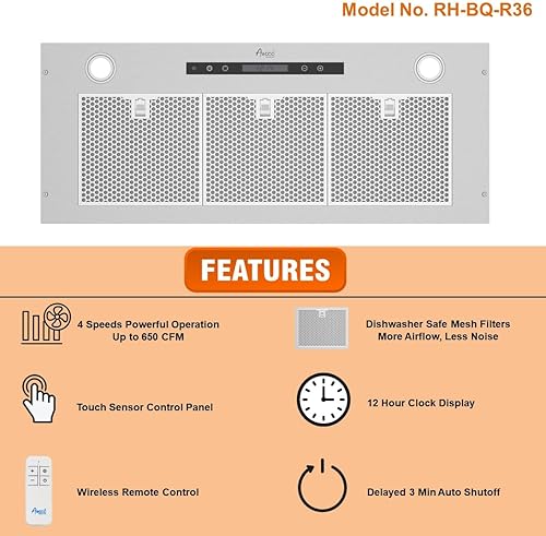 Miniatura 23 de Awoco Campana extractora de acero inoxidable integrada de 11-3/4 pulgadas de profundidad, 4 velocidades, 600 CFM, luces LED, filtros deflectores