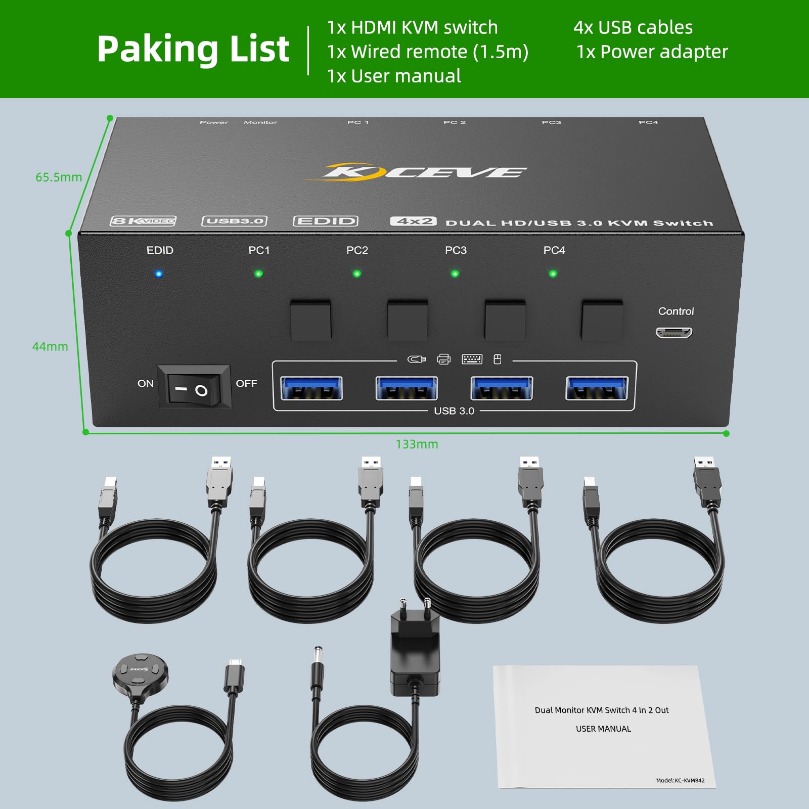 Switch KVM 2 Monitori 4 PC, KCEVE 8K@60Hz, 4K @144Hz USB 3.0 HDMI KVM Conmutador KVM con EDID EDID per 4PC Share Mouse Tastiera e Monitor, Chip stabile, Alta Compatibilità