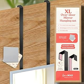 20'' Extra Long Heavy Duty Black Set 2 Mirror Brackets Patent Pending Over-The-Door Mirror Hanger: Door Mirrors Hanger Set Anti-Scratch Lining | Over The Doors Mirrors Hooks Adjustable Height