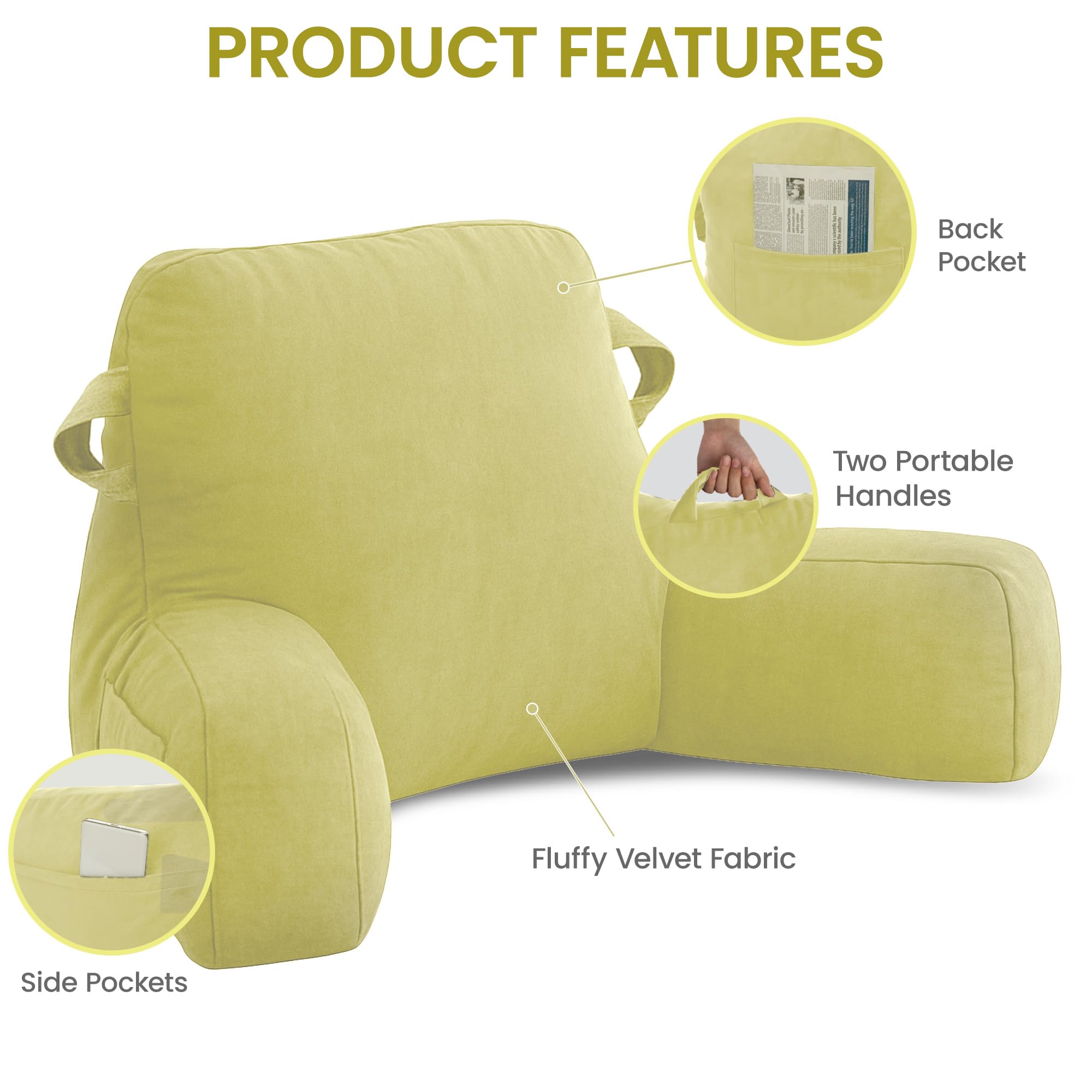 Unisakey Portable Reading Pillow With Headrest & Arms - Memory Foam Back Support Pillow For Bed, Sofa, Dorm - Includes Pockets (Yellow)