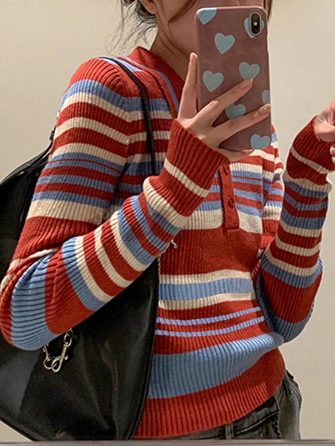 Striped Polo Neck Button Front Sweater (Color : Red, Size : Large)