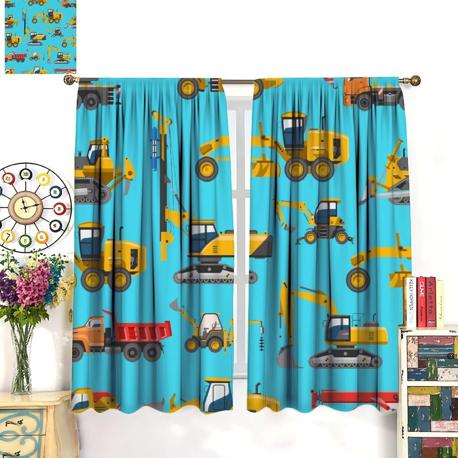 Kids Construction Truck Curtain, Excavator Vehicle Tractor Cars Rod Pocket Blackout Window Treatment Curtain for Kids Boys Bedroom Nursery 42" W X 45" L