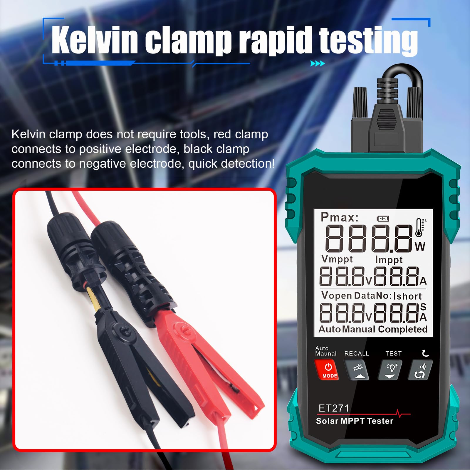 Tester paneli słonecznych, pomiar mocy 1600 W, narzędzie do analizy MPPT z funkcją przechowywania danych, wielofunkcyjny tester paneli słonecznych, multimetr fotowoltaiczny