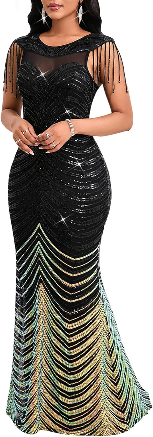 Cololura Women Sexy Sequin Tassel Mesh Perspective Gold Threads Patchwork Bodycon Party Cocktail Evening Gown Dress