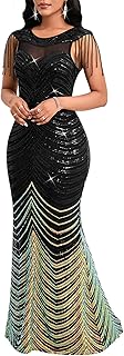 Women Sexy Sequin Tassel Mesh Perspective Gold Threads Patchwork Bodycon Party Cocktail Evening Gown Dress
