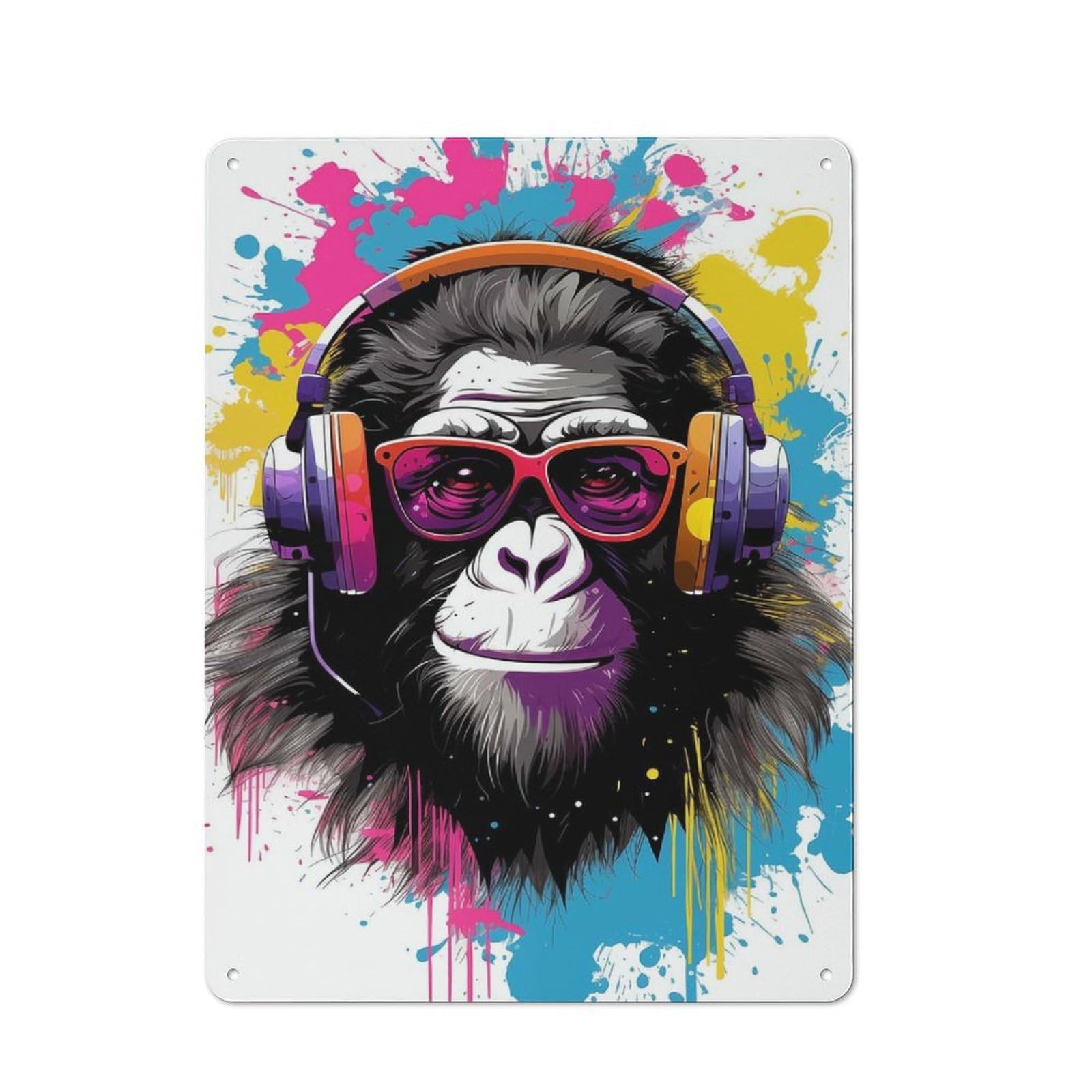 Junmoney Monkey Headphones Dj Printed Tin Plaque, Small Wall Accent For Coffee Corner, Diner Or Kitchen Decor, 40X30cm