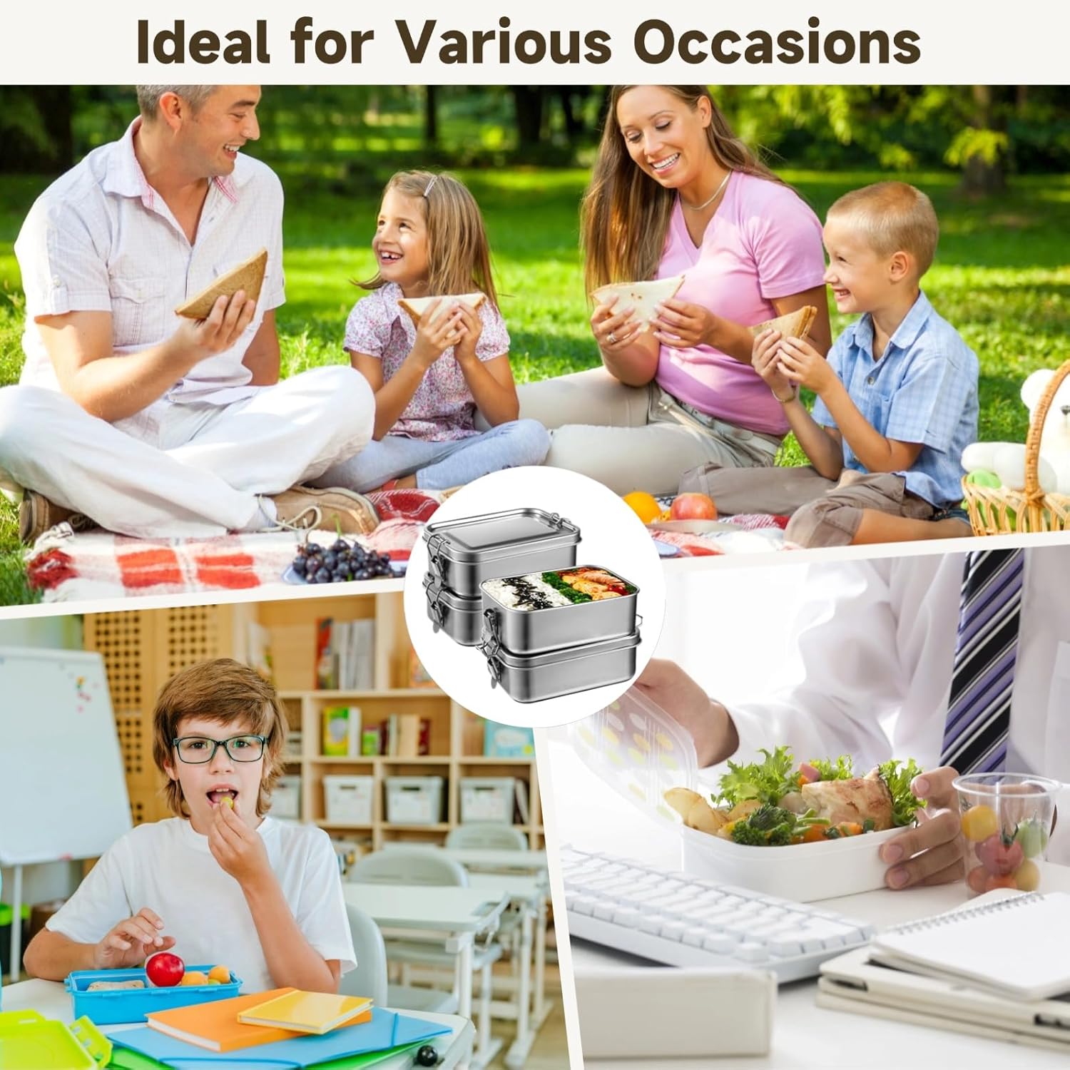 4 PCS Bento Boxes, 850 ML Stainless Steel Lunch Boxes, Food Storage Containers, Portable Metal Lunch Containers, Lockable Clips to Leak Proof, Reusable Dishwasher Safe Lunch Snack Boxes - Image 5