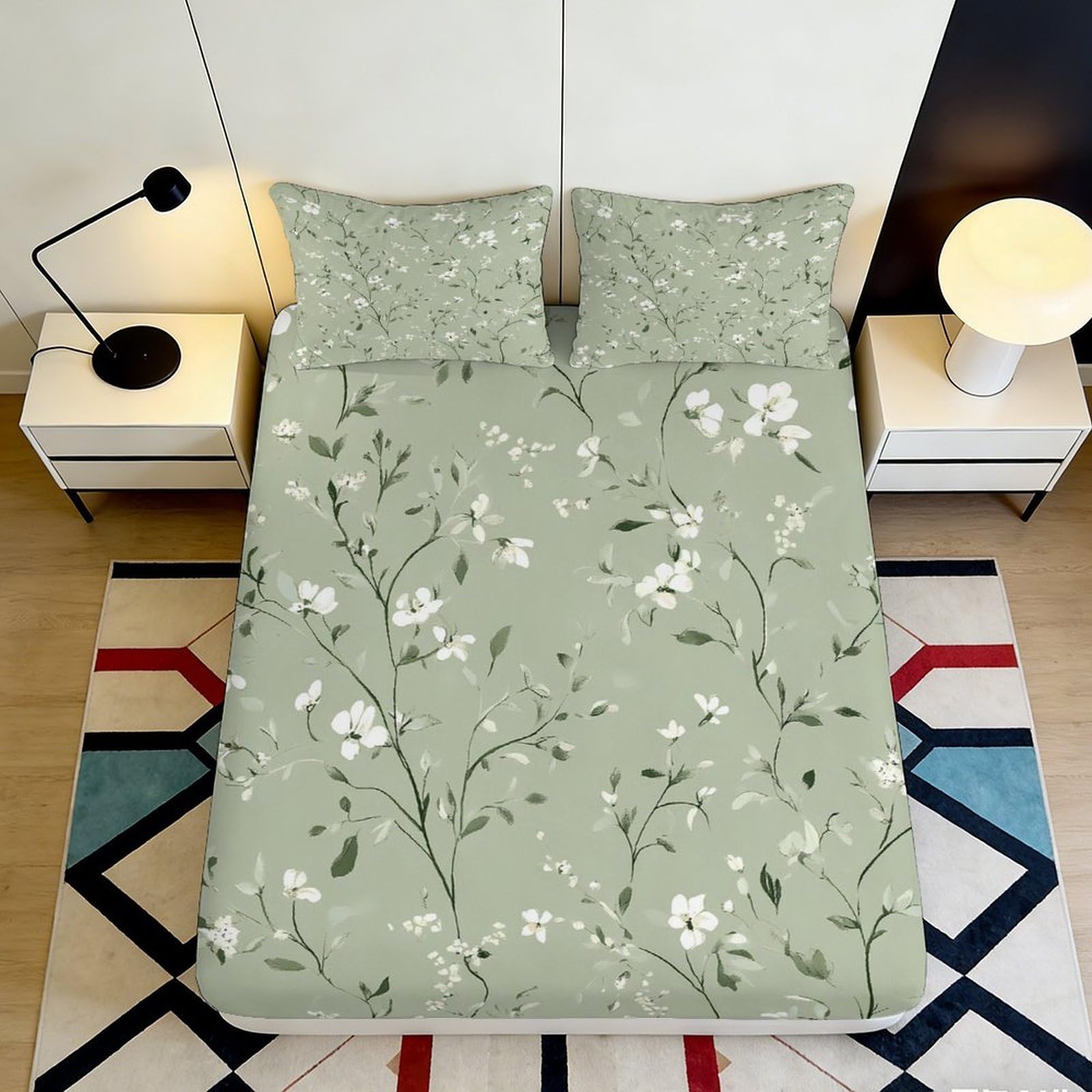 3D Printed Floral Fitted Sheet Microfiber Deep Pocket Bedroom Bedding Nature Floral Mattress Fitted Cover Elastic Hem for Adults Teens 140x200x25cm