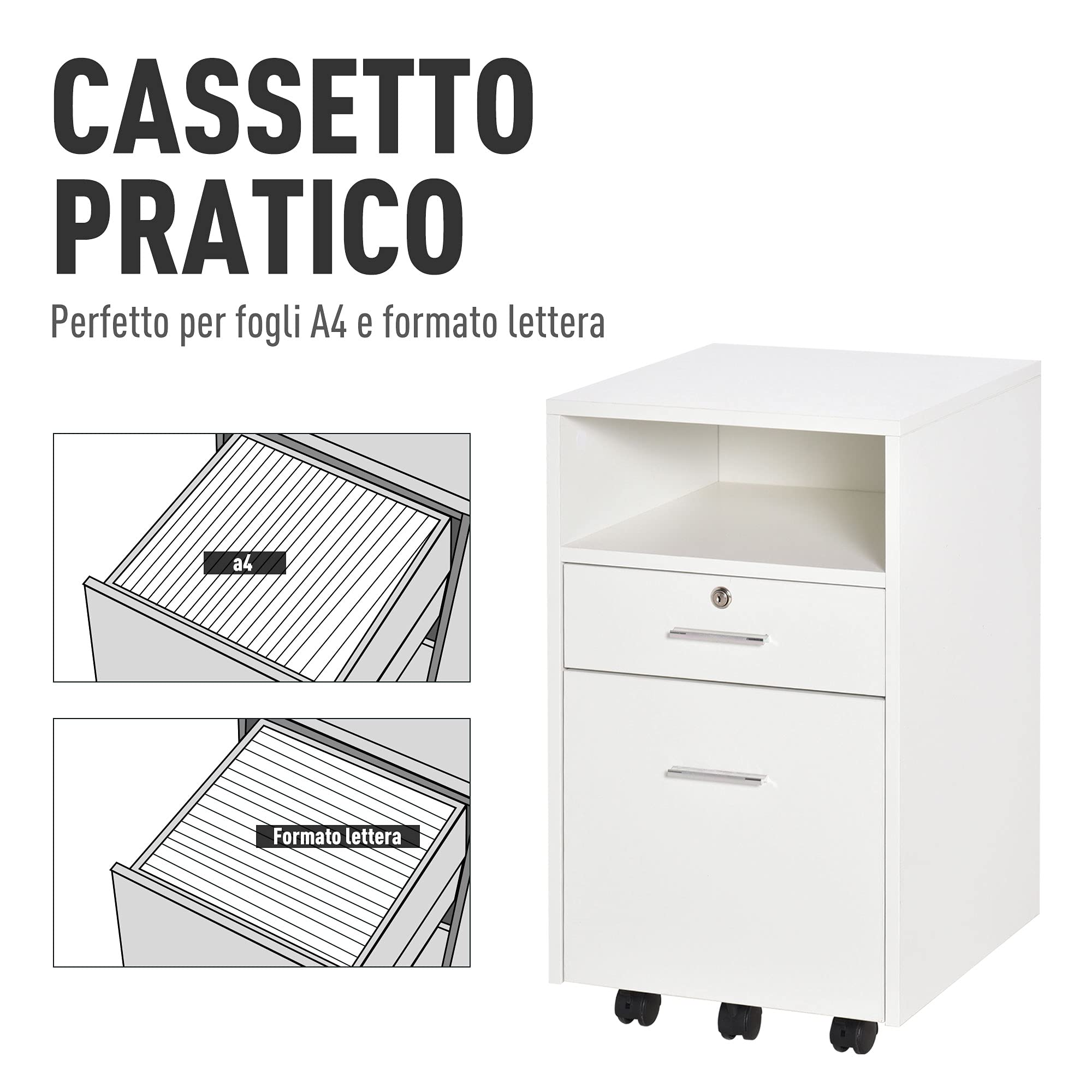 Vinsetto Schedario da Ufficio con 2 Cassetti, 5 Ruote e Ripiano Aperto, Cassettiera Ufficio con Serratura e 2 Chiavi per Lettera/Formato A4, Armadietto Verticale per Studio, 39x40x65 cm, Bianco