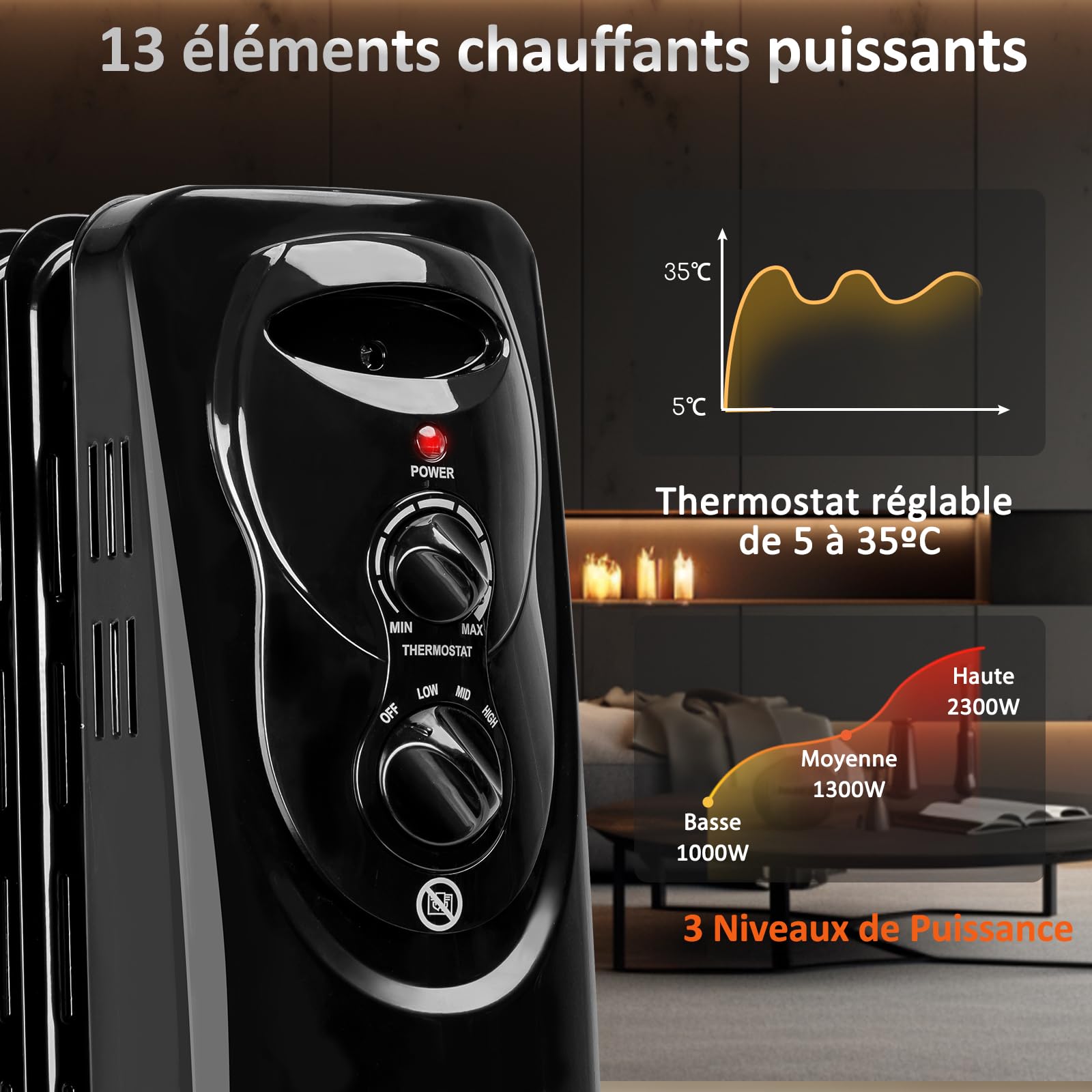 Aigostar Black Forest 33JIF – Radiateur à bain d’huile. 13 éléments, 2500 W. 3 niveaux de puissance et thermostat réglable. Design exclusif.