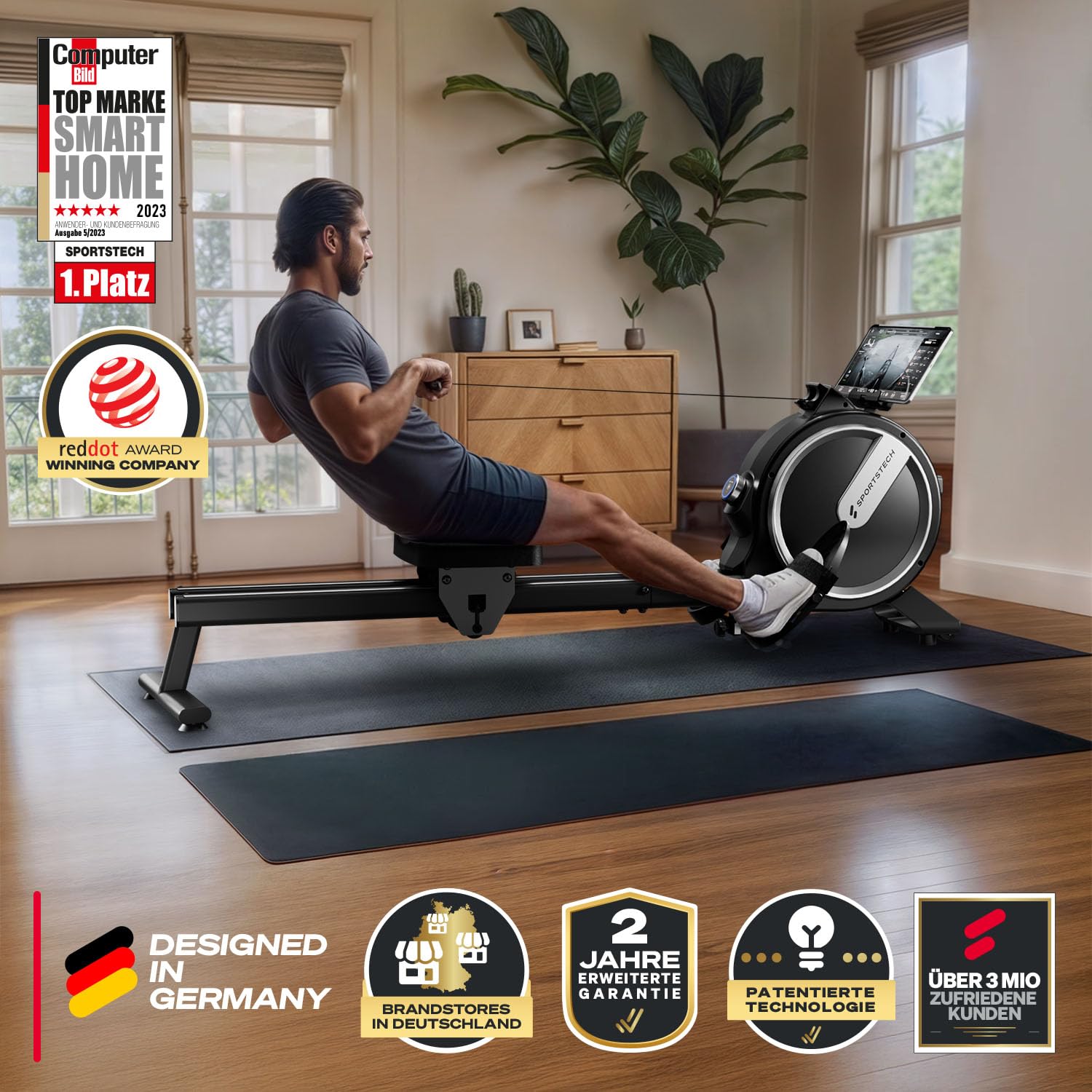 Sportstech Rudergerät für Zuhause + 32 Stufen Magnetwiderstand PROwer | Dual Slide Rail, LED Knob Display, bis 150 kg, Bluetooth App, leise, vertikal verstaubar
