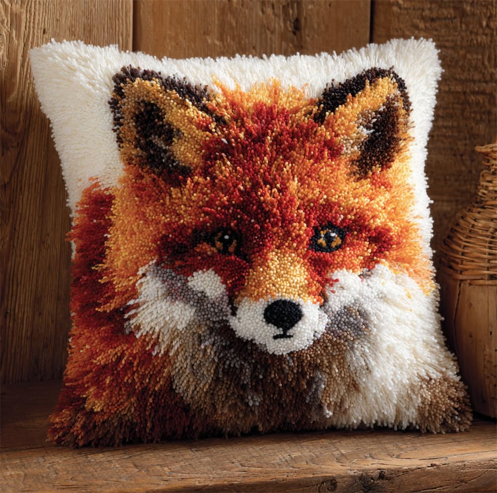 RKFLGEW Latch Hook Kits Pillow Fox Crochet Yarn Cushion Colour Pre-Printed Canvas Rug Needlework DIY Pillowcase Hook and Latch Kit Christmas Home Arts Crafts Sofa Decoration 43X43Cm/17 X17Inch