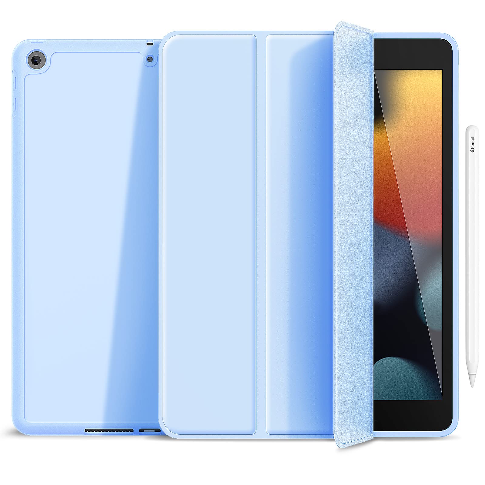 GahwaCase Compatible with iPad 9th/8th/7th Generation (2021/2020/2019) with Pencil Holder, Protective Cover with Soft TPU Back, Trifold Stand Slim Smart Shell with Auto Sleep/Wake - Sky Blue