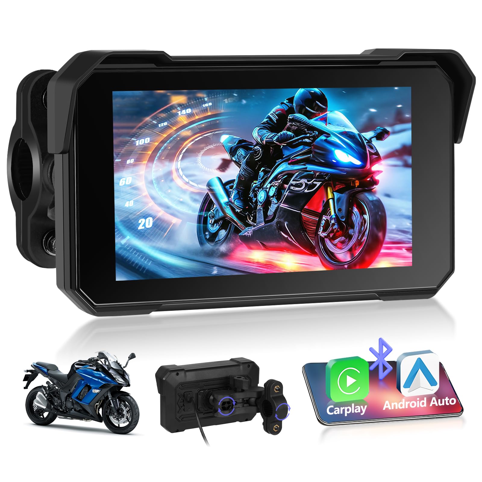 Navigatore Moto Wireless con Apple CarPlay Android Auto, IP68, Touchscreen 5 Pollici HD, GPS, Bluetooth 5.0