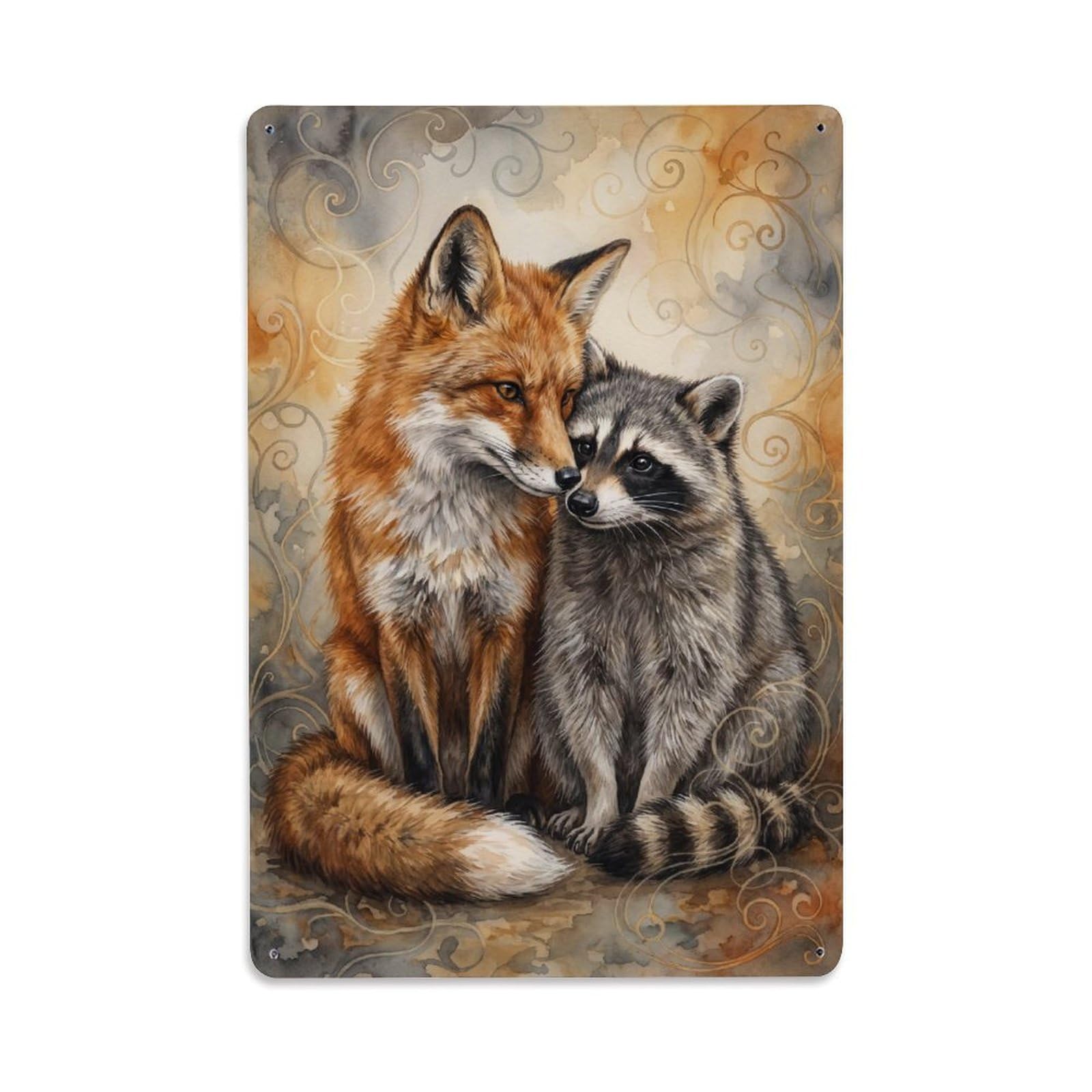 Vintage Animal Cute Fox & Raccoon Animal Friendship Metal Tin Sign