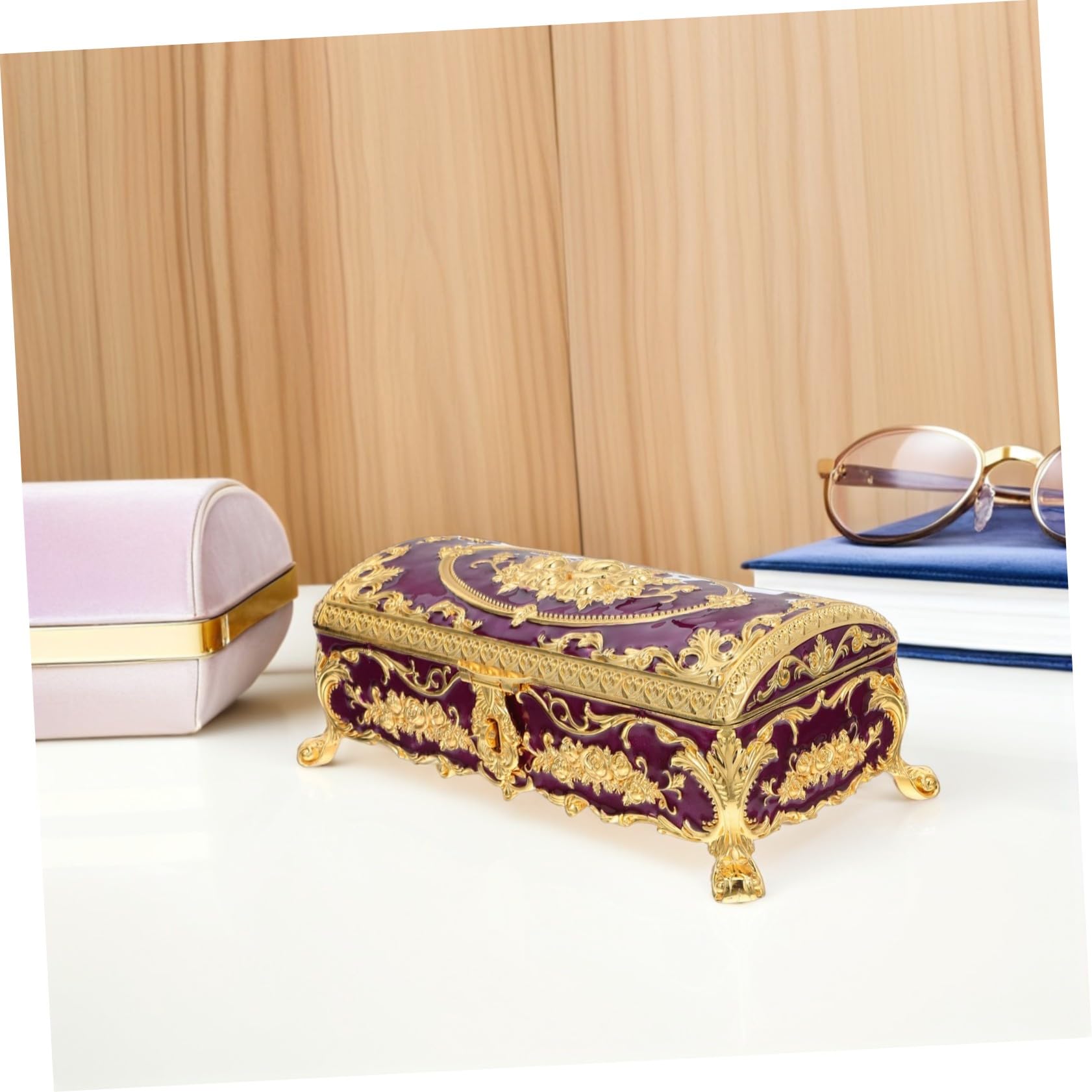 Schmuckkästchen Aufbewahrungsbox für Damen aus Legierung Vintage als Dekorative Schmuckschatulle Kompakte und Vielseitige in Violett Elegantes Retro Design für Zuhause