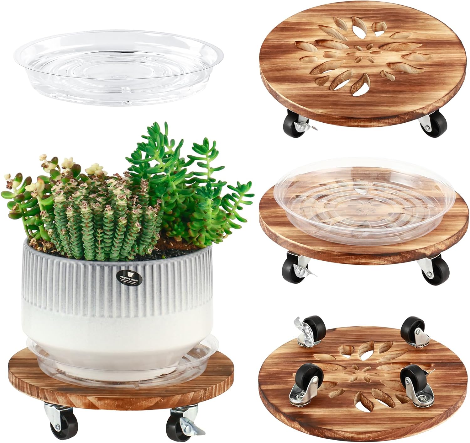 4 Pack Plant Caddy with Wheels Heavy Duty 12 Inch Wooden Plant Stand with Wheels Plant Dolly Rolling Plant Stand Plant Roller with Casters for Indoor and Outdoor with 4 Pack Plant Saucers, Round