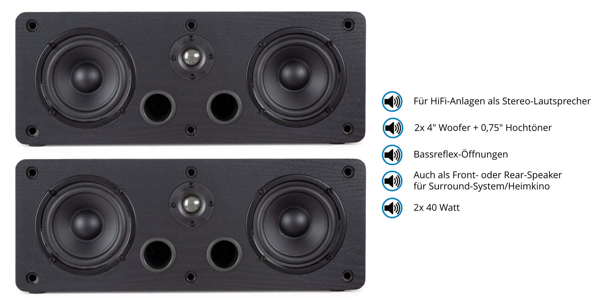 McGrey CS-440 BK Set Diffusori da Scaffale - Coppia Satelliti HiFi Multifunzionali per Sistema Surround, Musica e Home Cinema - Diffusori Center Full-Range a 2 Vie con 40W RMS - Nero