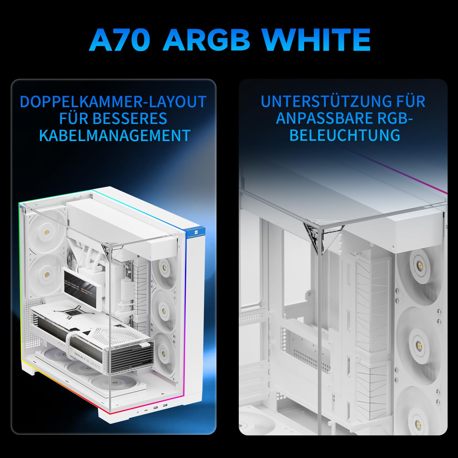 Thermalright TR A70 ARGB Bianco ATX Gaming Case Vetro senza colonne a tre lati 8 slot per ventola CPU + flusso d'aria a rilascio rapido montaggio della scheda grafica verticale anti-appannamento