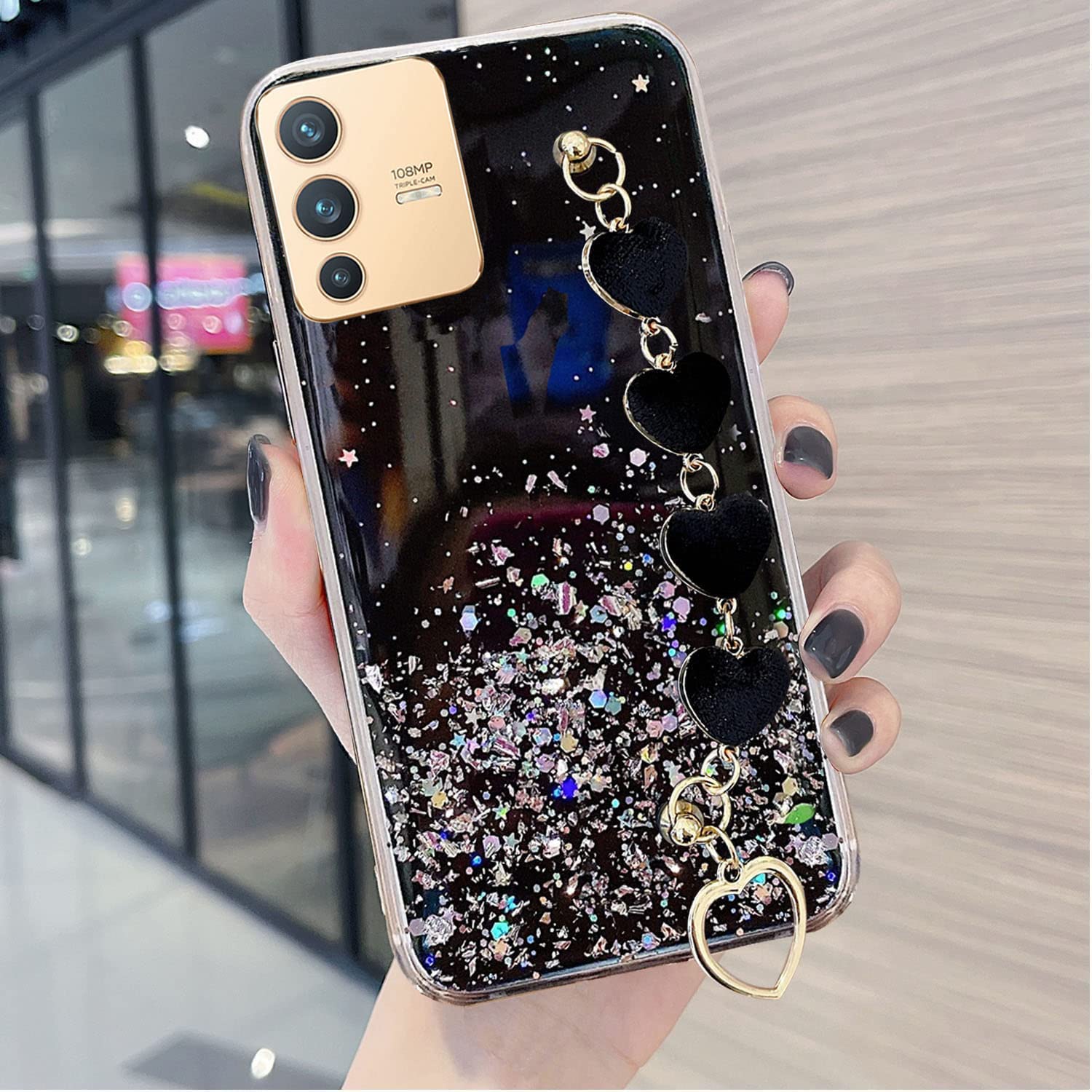 KC Back Cover for Vivo V23 Pro 5G, Dry Fixed Non Moving Glitters Luxury Shiny Love Hearts Bracelet Chain Holder Soft Silicone Case (Black) (B09YGQ7KXR) Amazon Price History, Amazon Price Tracker