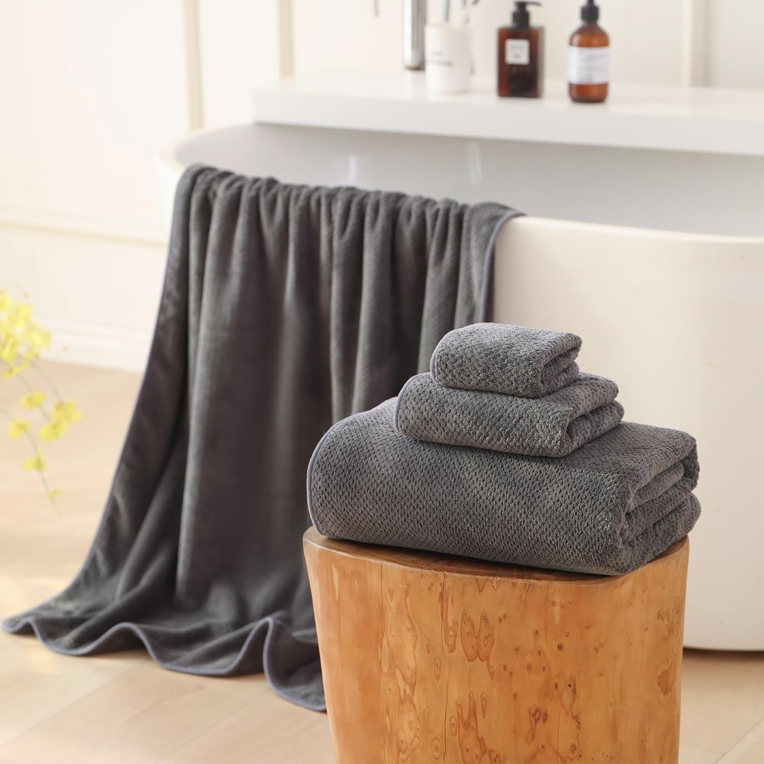 30x60 Inches Bath Towels Set of 6 Super Soft Qucik Dry Hanging Loop Microfiber Bathroom Towels (Charcoal Grey,6 Pack)