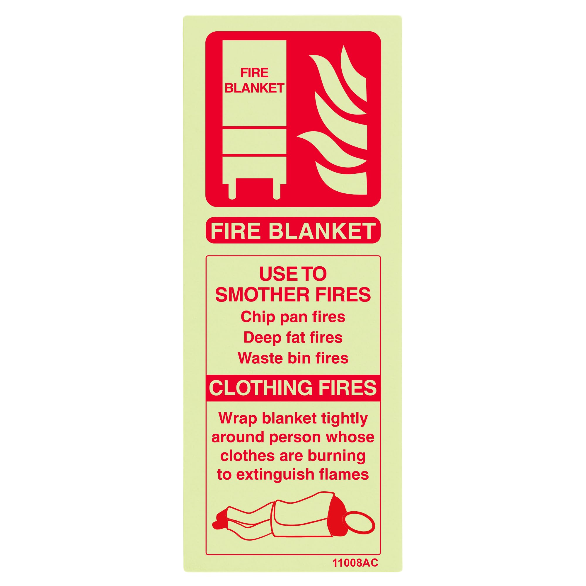 V Safety 11008AC-G Glow In The Dark Fire Blanket Id Fire Extinguisher Sign - 75mm x 200mm - Rigid Plastic, Red