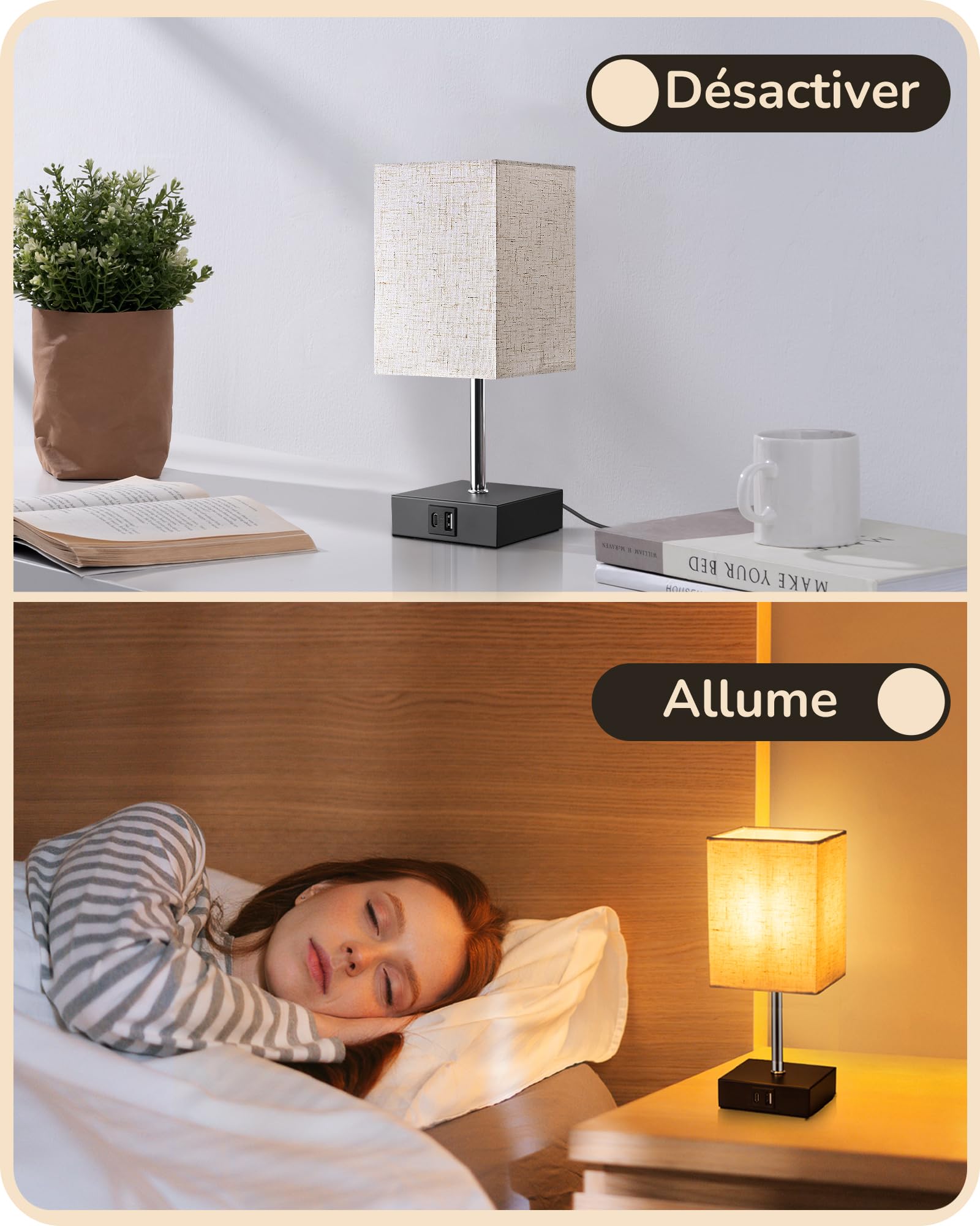 EDISHINE Lampe de Chevet Tactile Lot de 2, avec USB-A & USB-C Port de Charge, E27 Ampoule LED Incluse, 3 Intensités Réglables, Lampe de Table LED pour Chambre, Salon, Hôtel, Abat-jour Beige