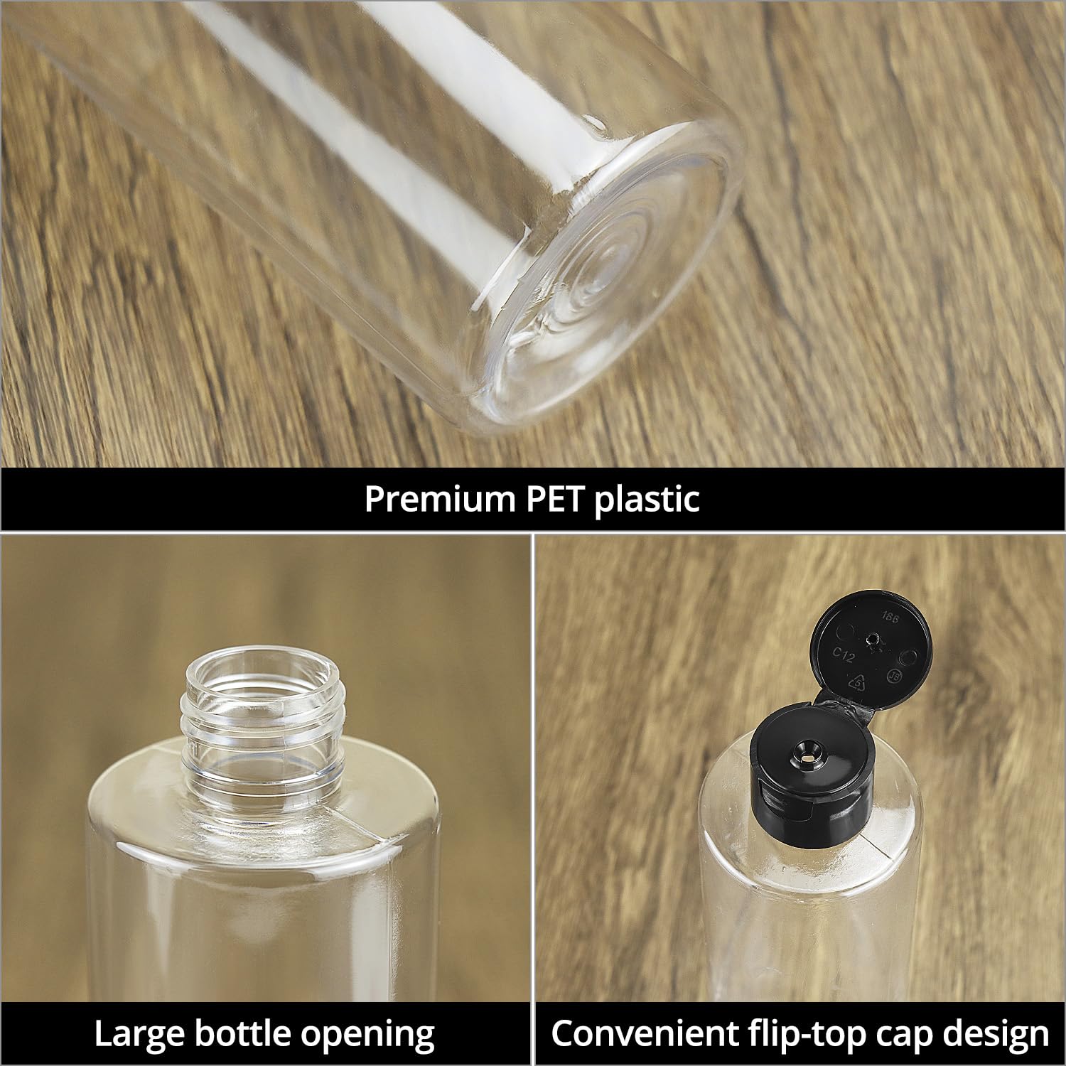 QWORK® Zestaw 4 butelek podróżnych, 250 ml, butelki podróżne do napełniania z klapką, plastikowa butelka, na kosmetyki, podróże, szampon